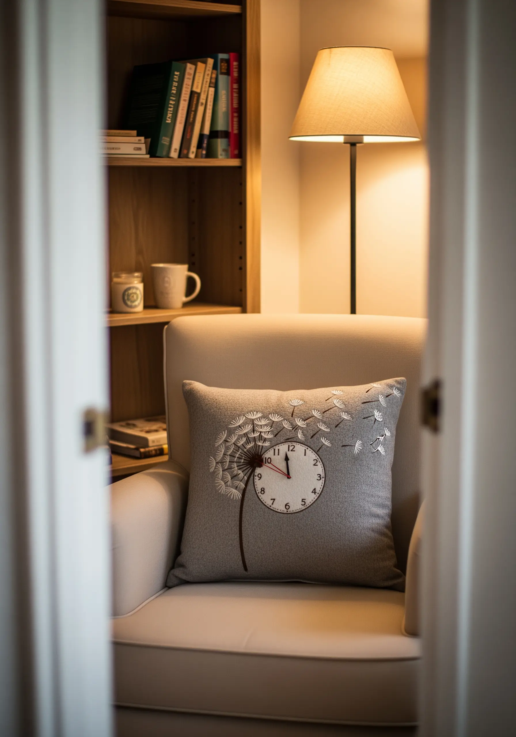 Gray cushion with an embroidered dandelion clock, its seeds blowing away in the wind.