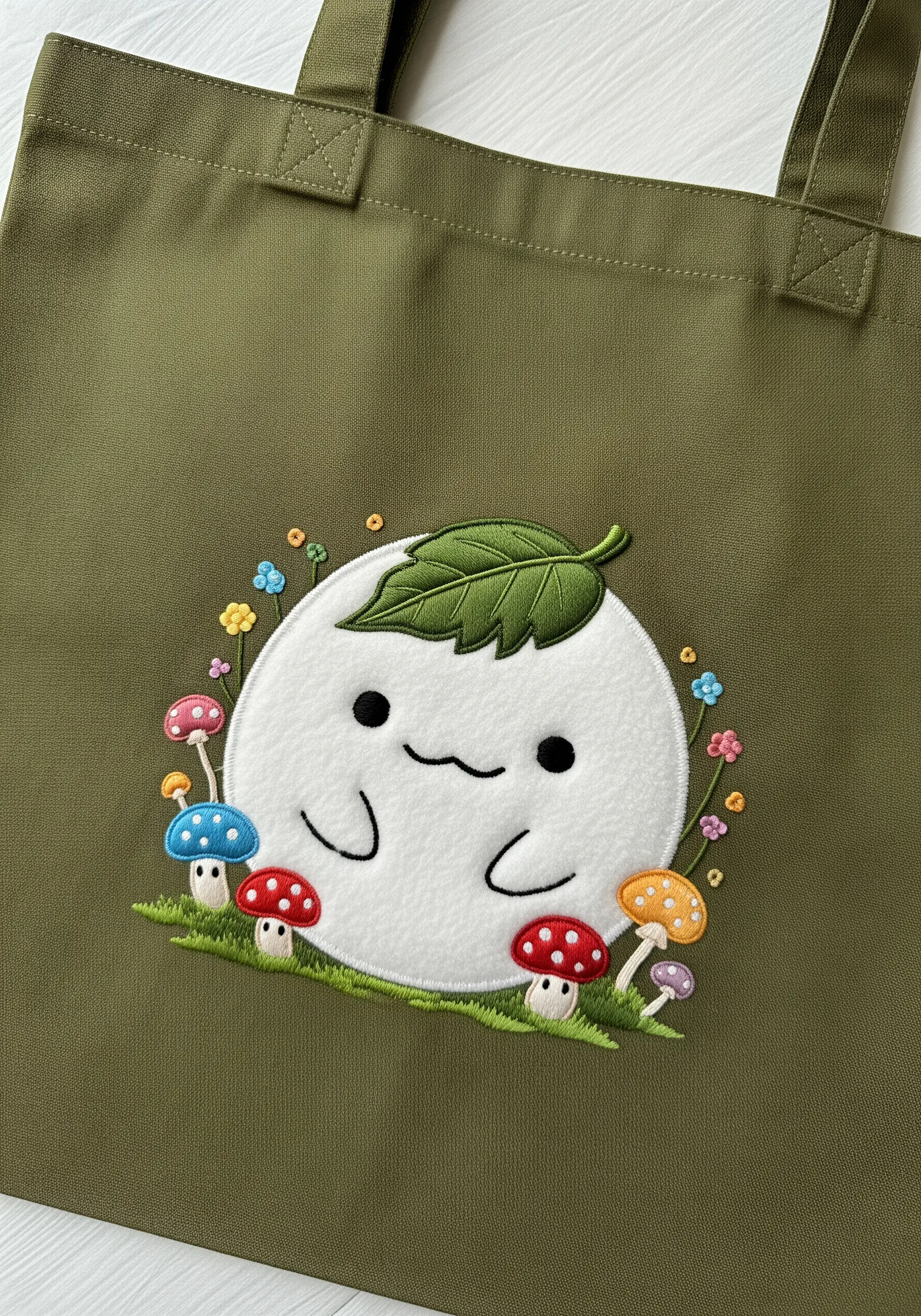 A cute mochi character made with a white felt appliqué and detailed embroidery.