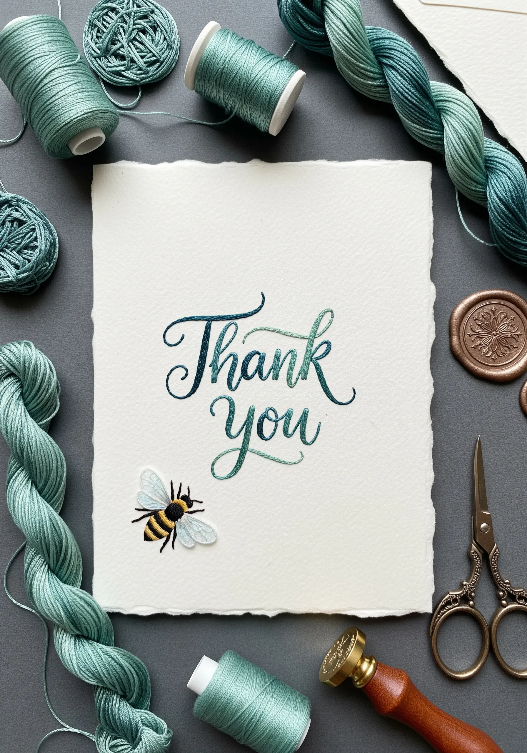 A 'Thank You' card with embroidered calligraphy and a tiny, dimensional stitched bee.