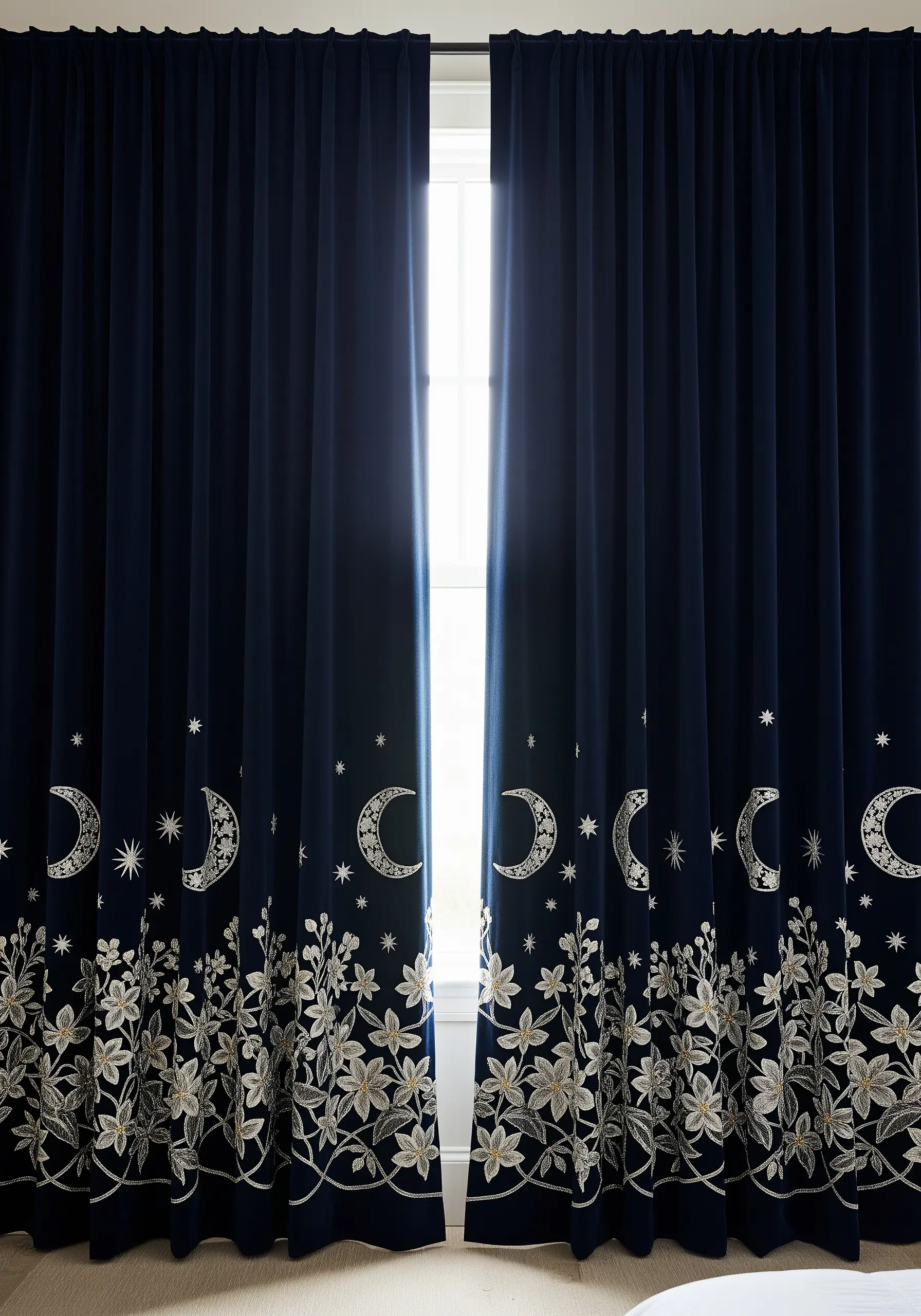 A white floral and celestial border with moons and stars on navy blue curtains.
