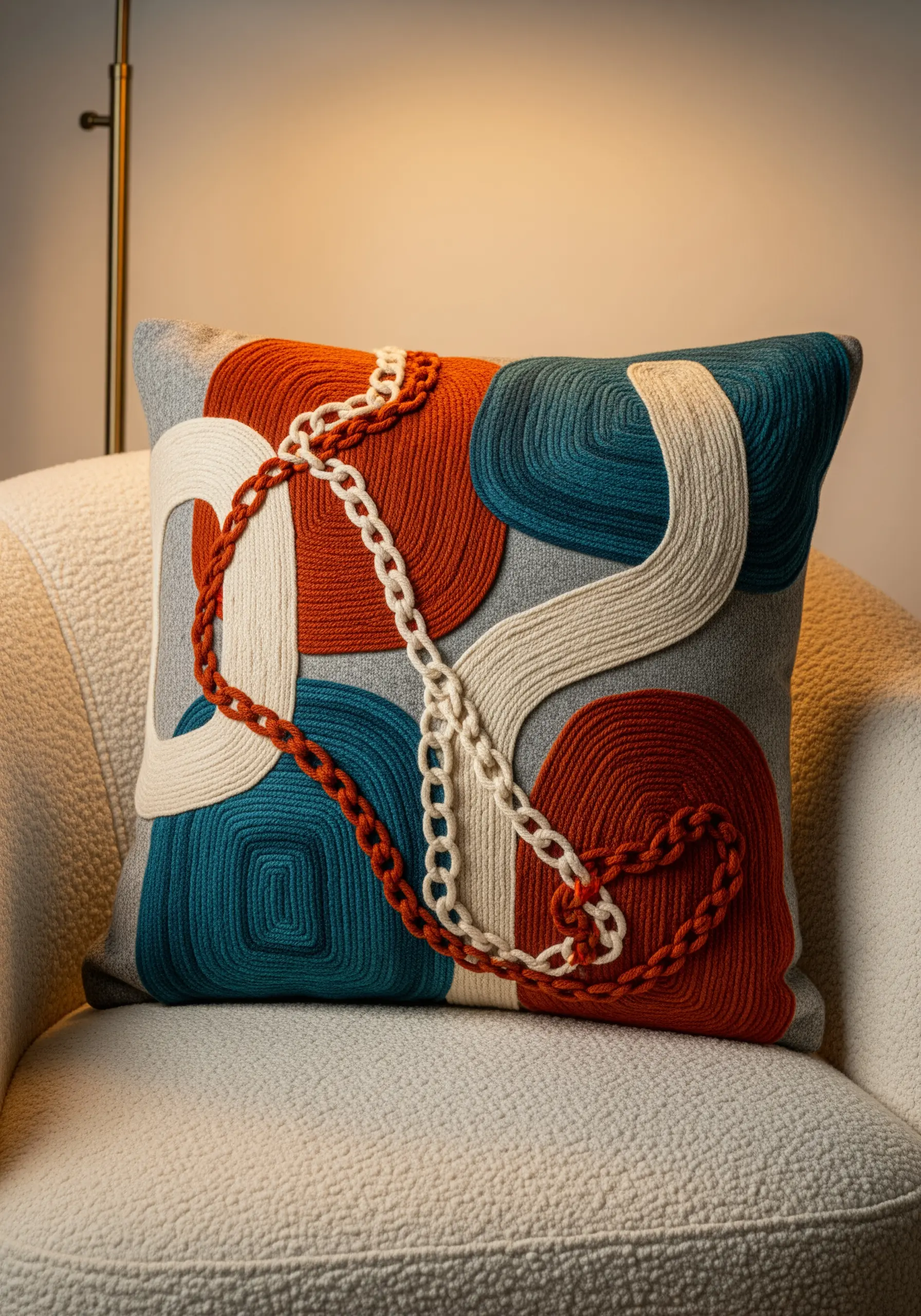Abstract embroidered cushion with thick couched yarn and colorful chain stitch blocks.