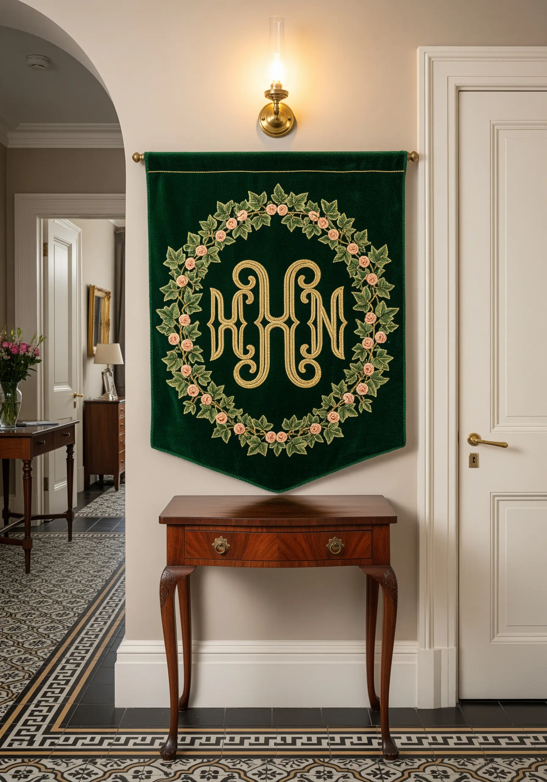 A detailed monogram surrounded by a pink rose wreath embroidered on dark green velvet.