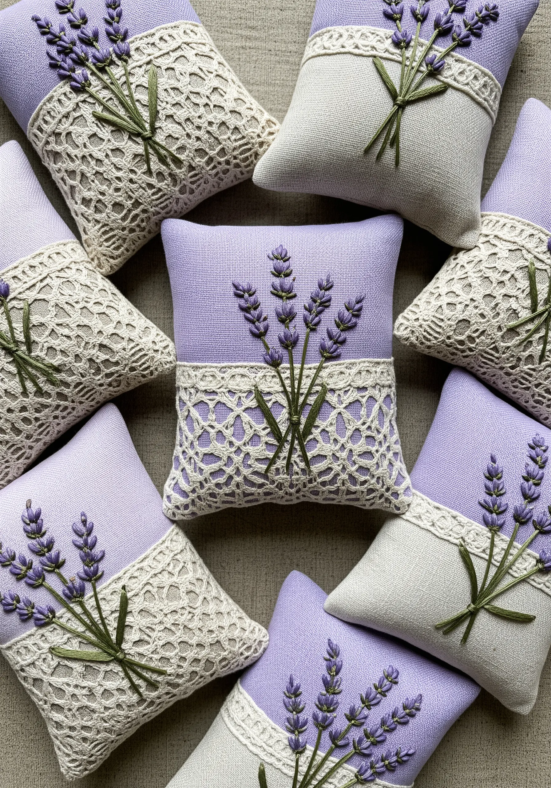 Several small lavender sachets decorated with embroidered lavender sprigs and vintage lace.