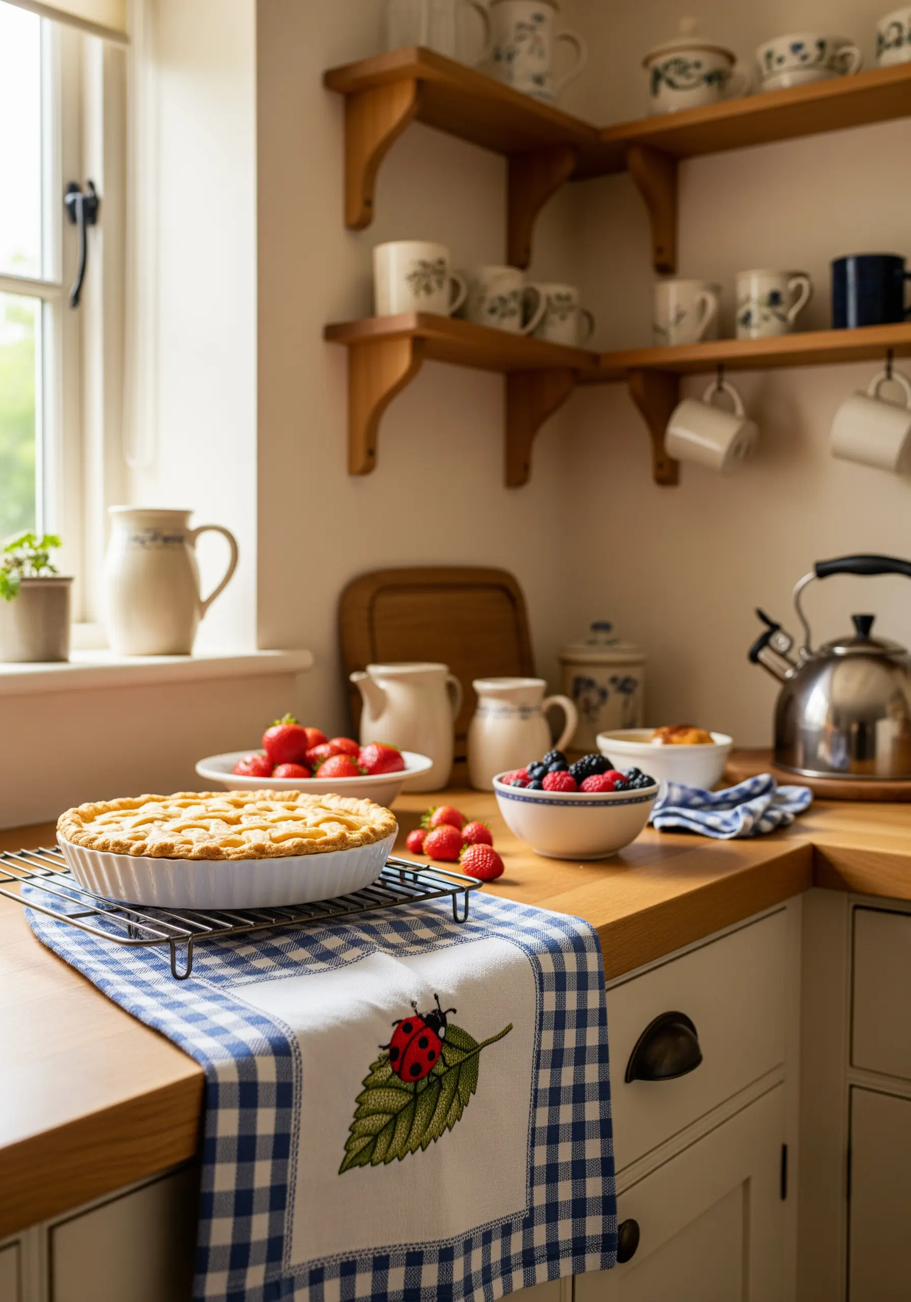 An embroidered ladybug on a leaf, stitched on a towel with a blue gingham border.