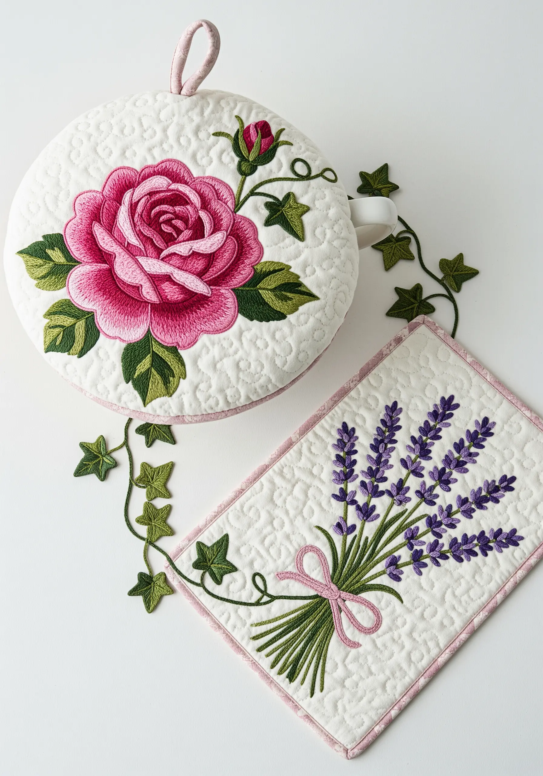 A quilted pot holder embroidered with a pink rose and a matching trivet with a lavender bouquet.