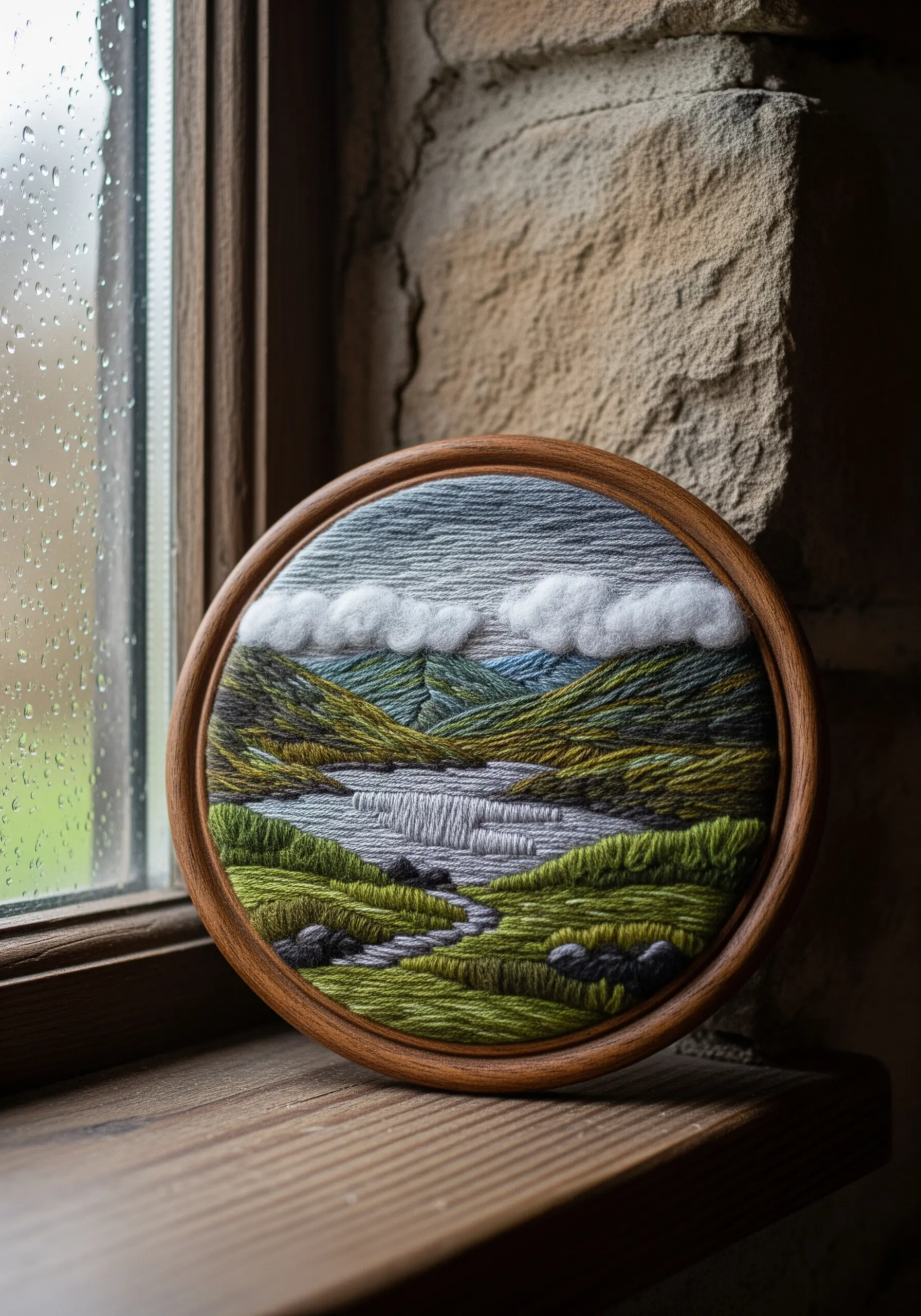 Embroidered landscape of rolling green hills with soft, needle-felted clouds above.