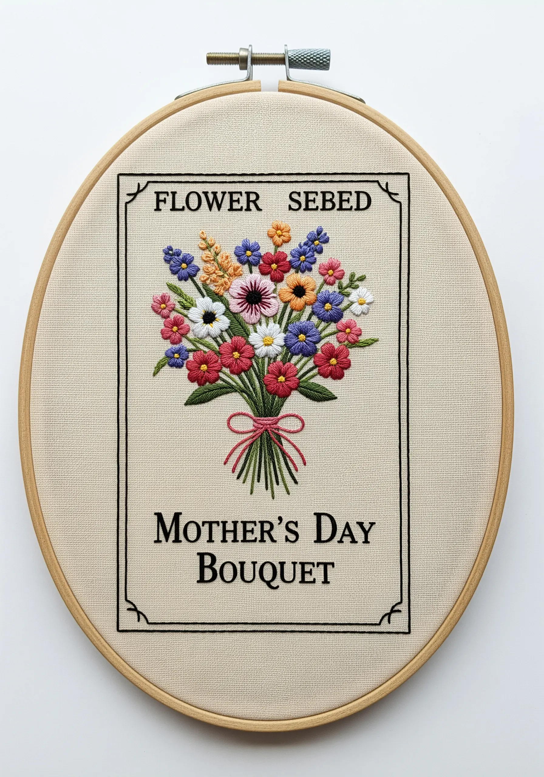 An embroidered bouquet in a frame with the text 'Flower Seed Mother's Day Bouquet'.