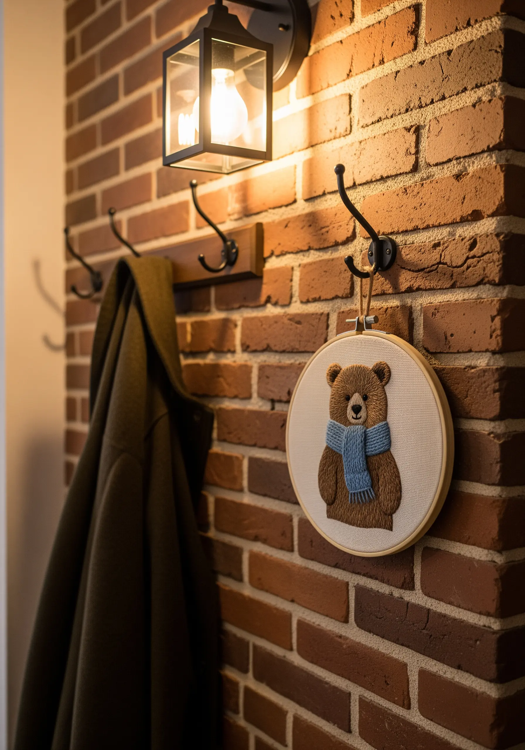 Embroidered bear with soft brown fur and a textured blue knitted-style scarf.