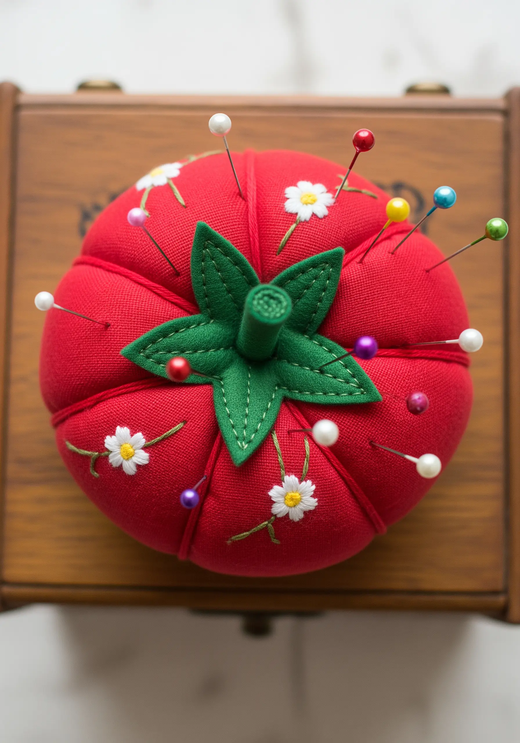 A classic red tomato pincushion decorated with felt leaves and tiny embroidered daisies.