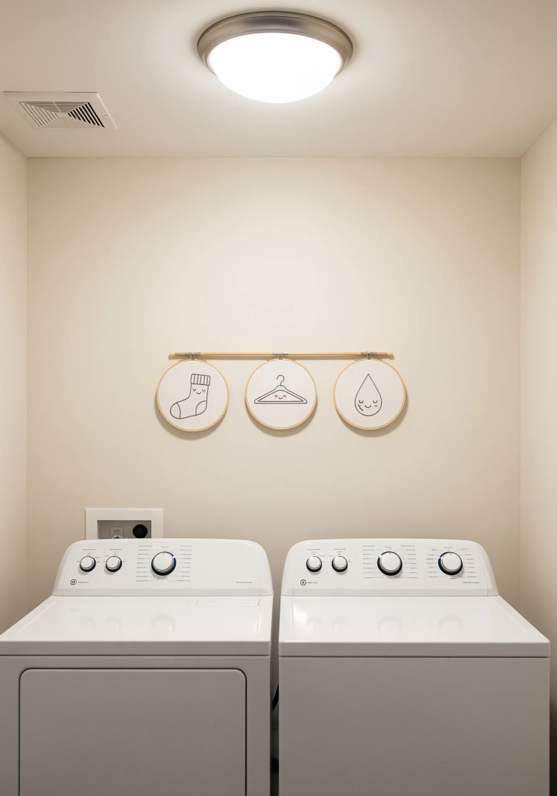 Three small embroidery hoops with cute, smiling laundry icons: a sock, a hanger, and a water drop.