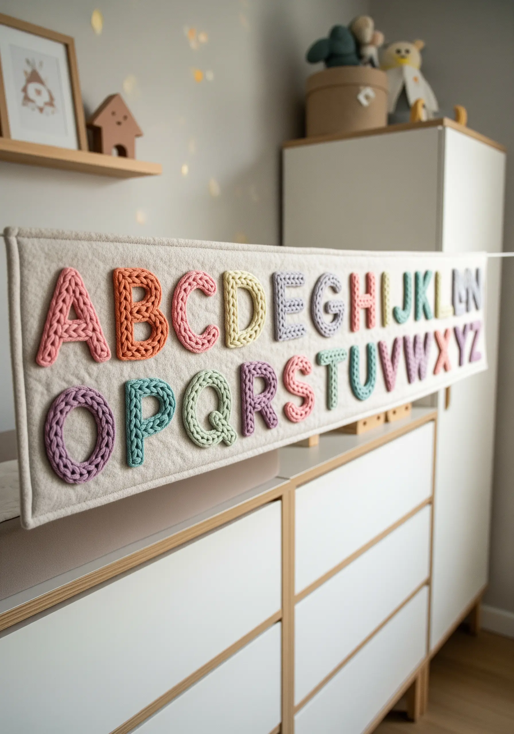 Fabric banner with a 3D alphabet made from colorful knitted I-cord letters.