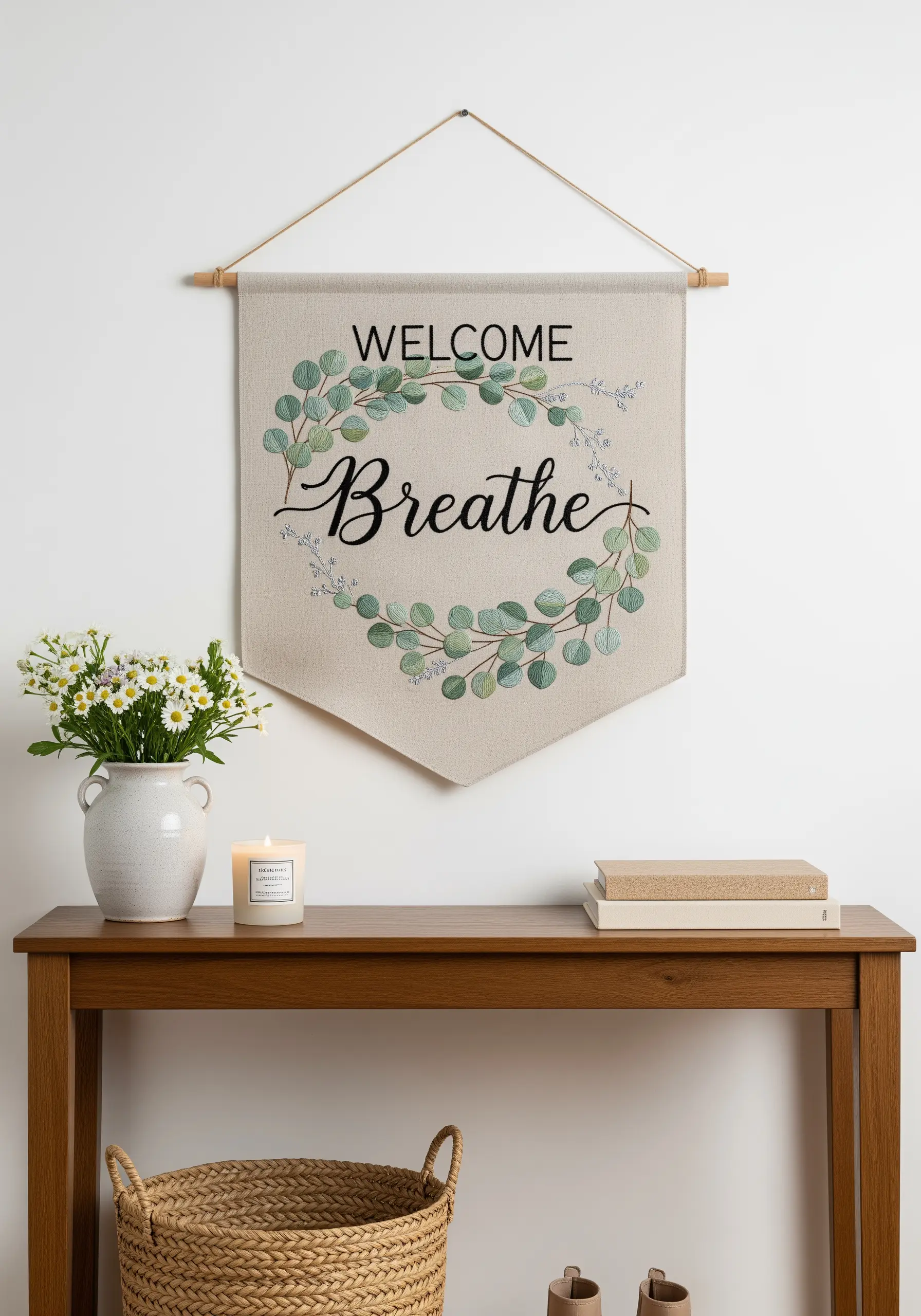 Embroidered wall banner with the word 'Breathe' inside a eucalyptus wreath.