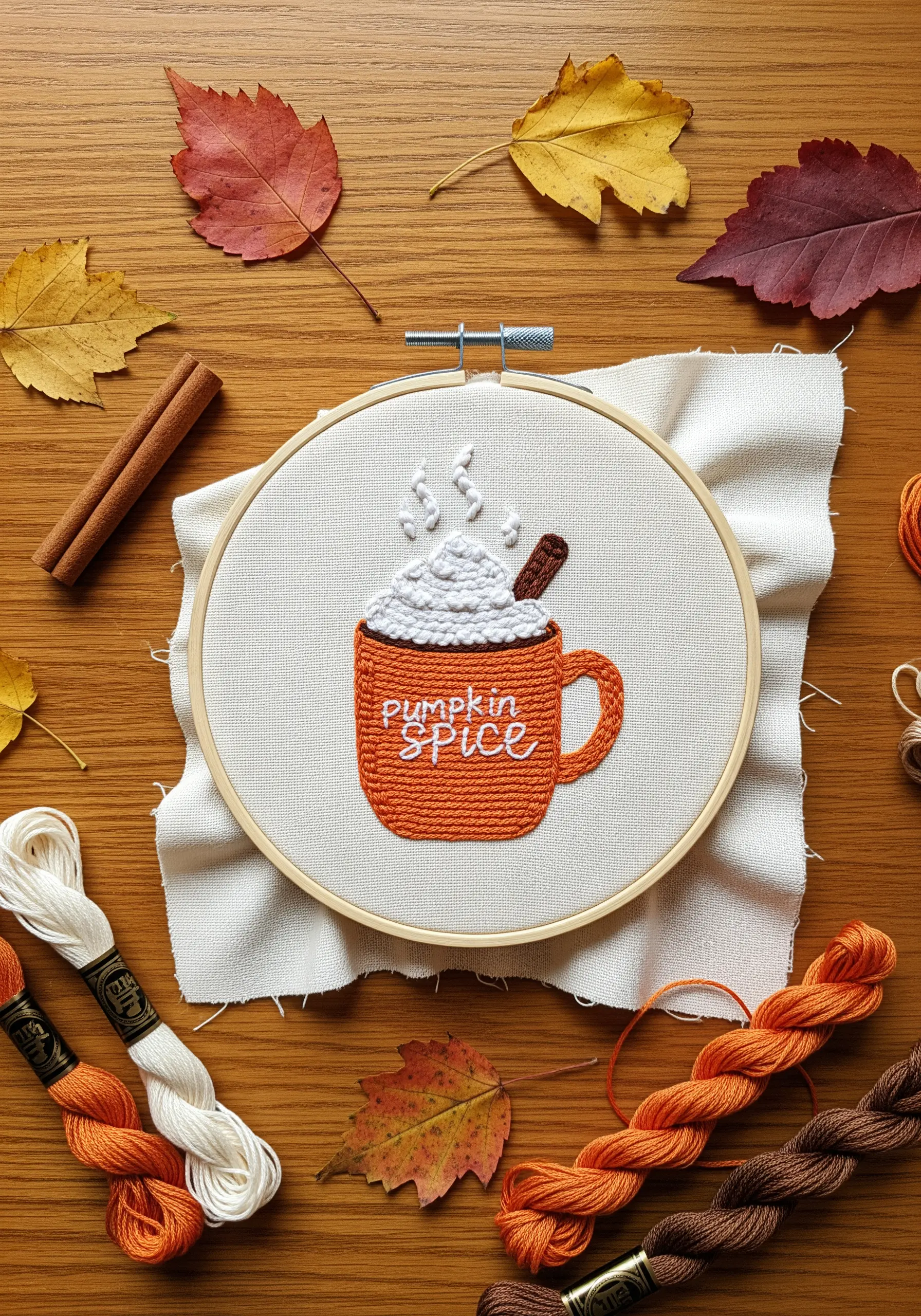 Embroidery of a pumpkin spice mug with textured whipped cream and neat lettering