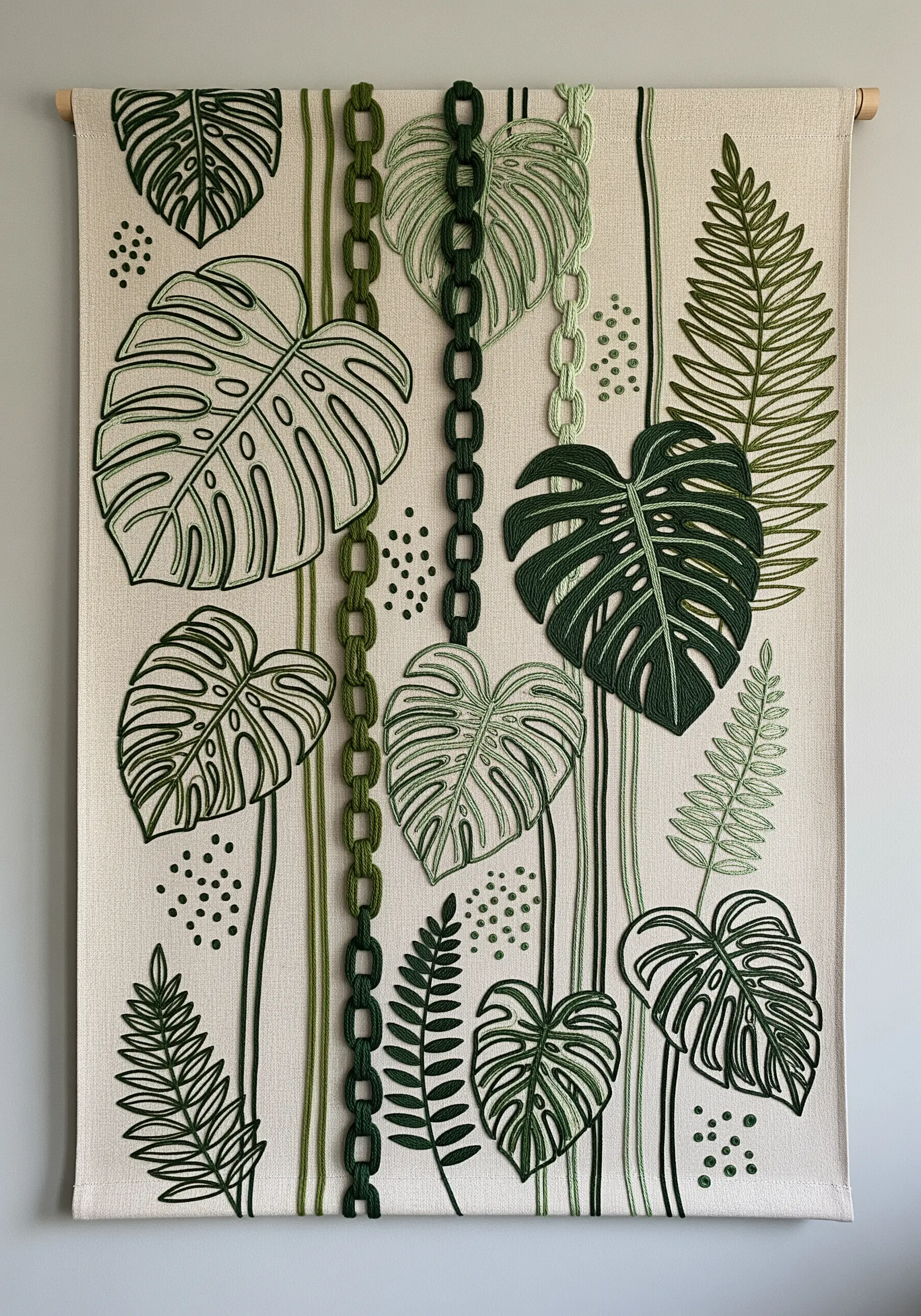 A fabric wall hanging with embroidered monstera leaves and a 3D green crocheted chain.