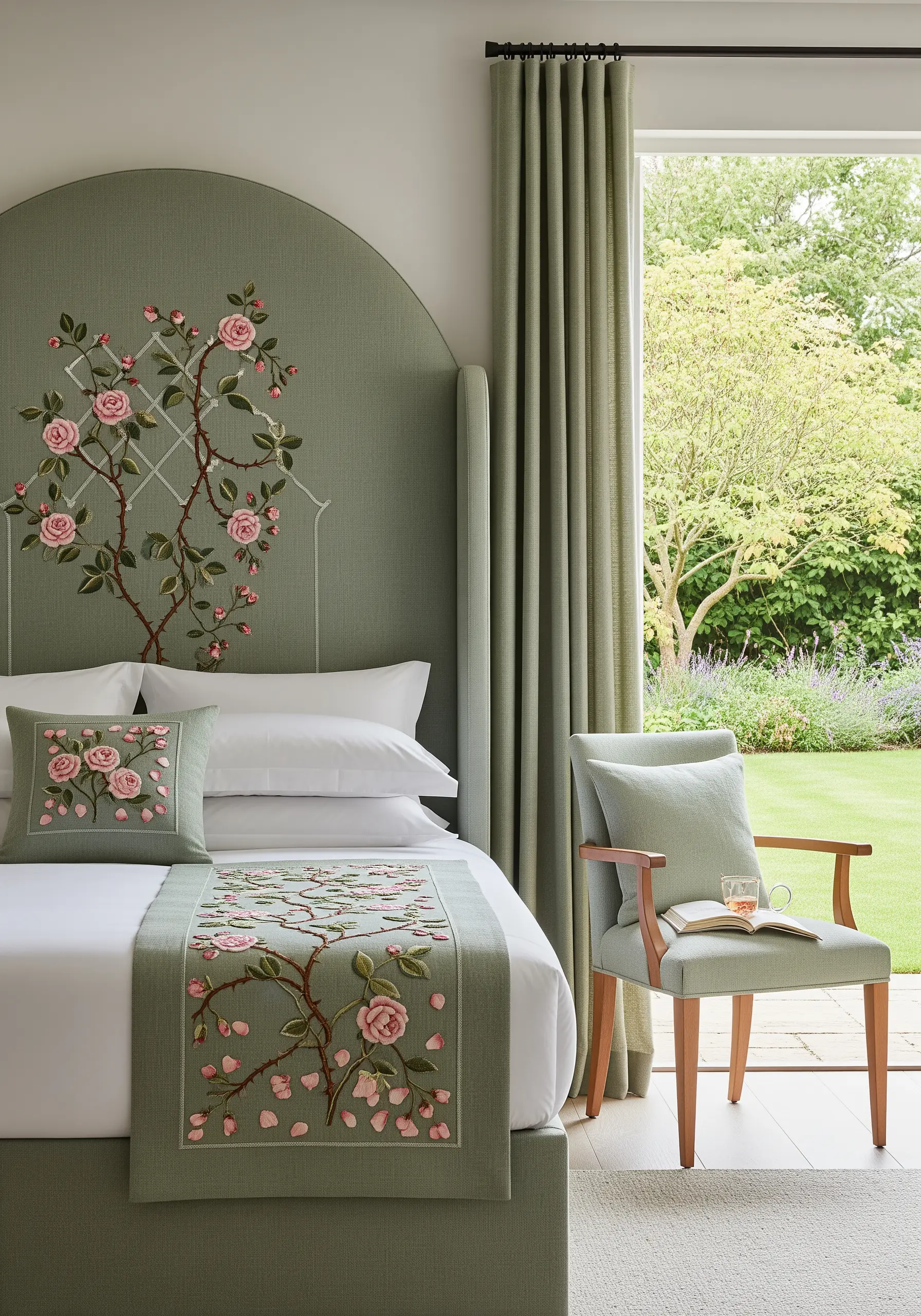 Embroidered pink roses climbing a delicate white trellis on a sage green headboard.