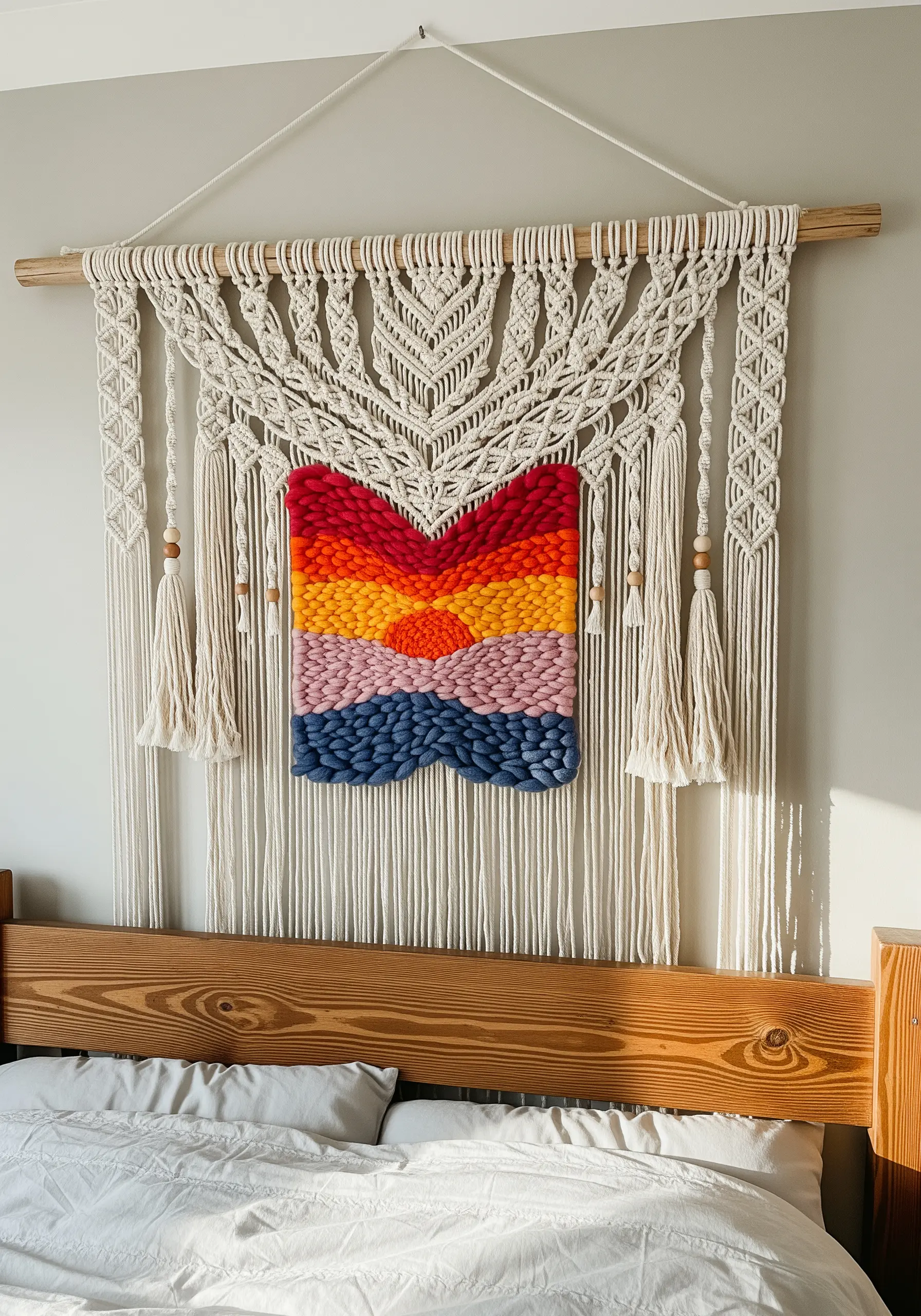 A large macrame wall hanging with a colorful, chunky woven sunset panel in the center.
