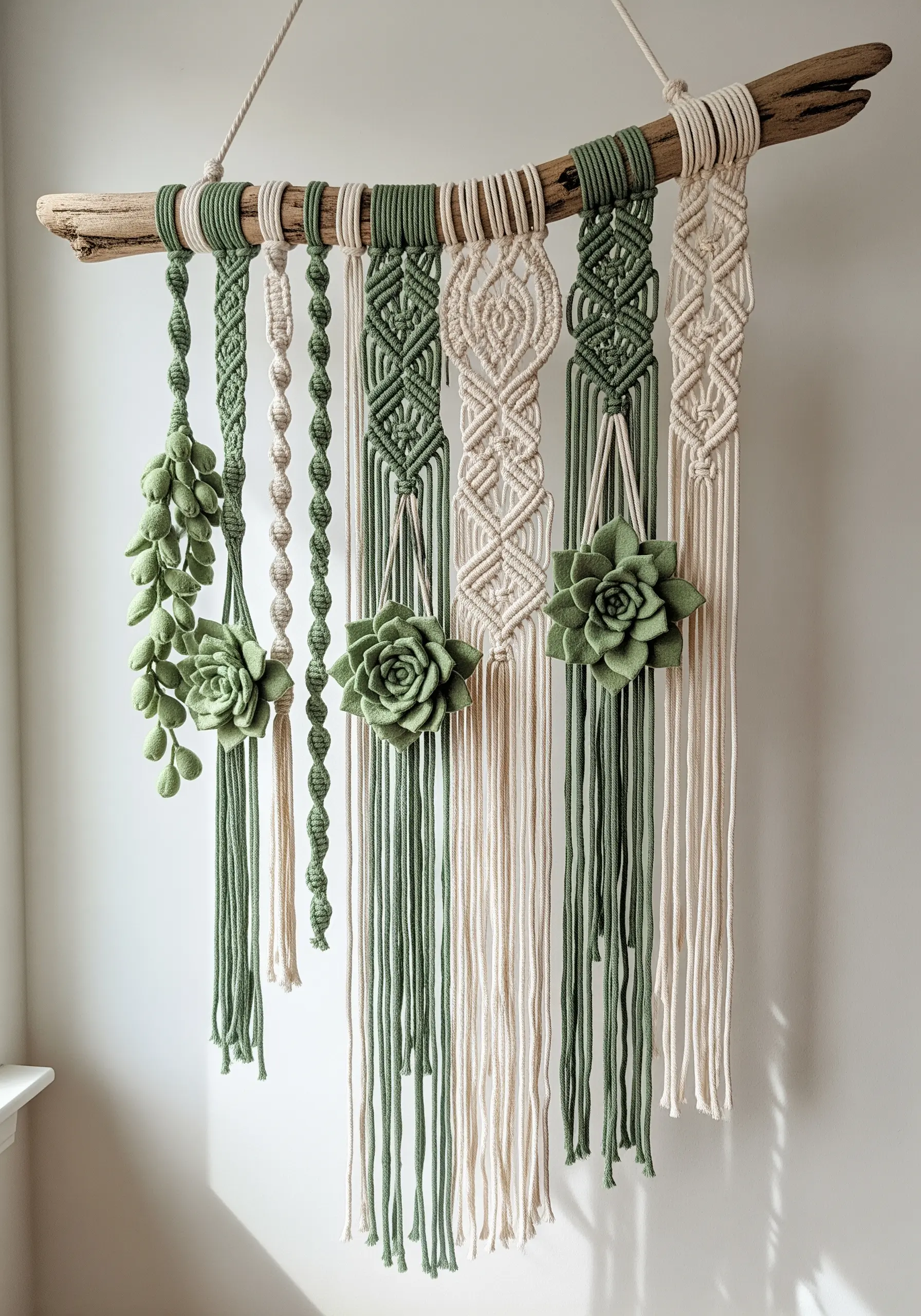 A macrame wall hanging in sage green and cream with handmade felt succulents.
