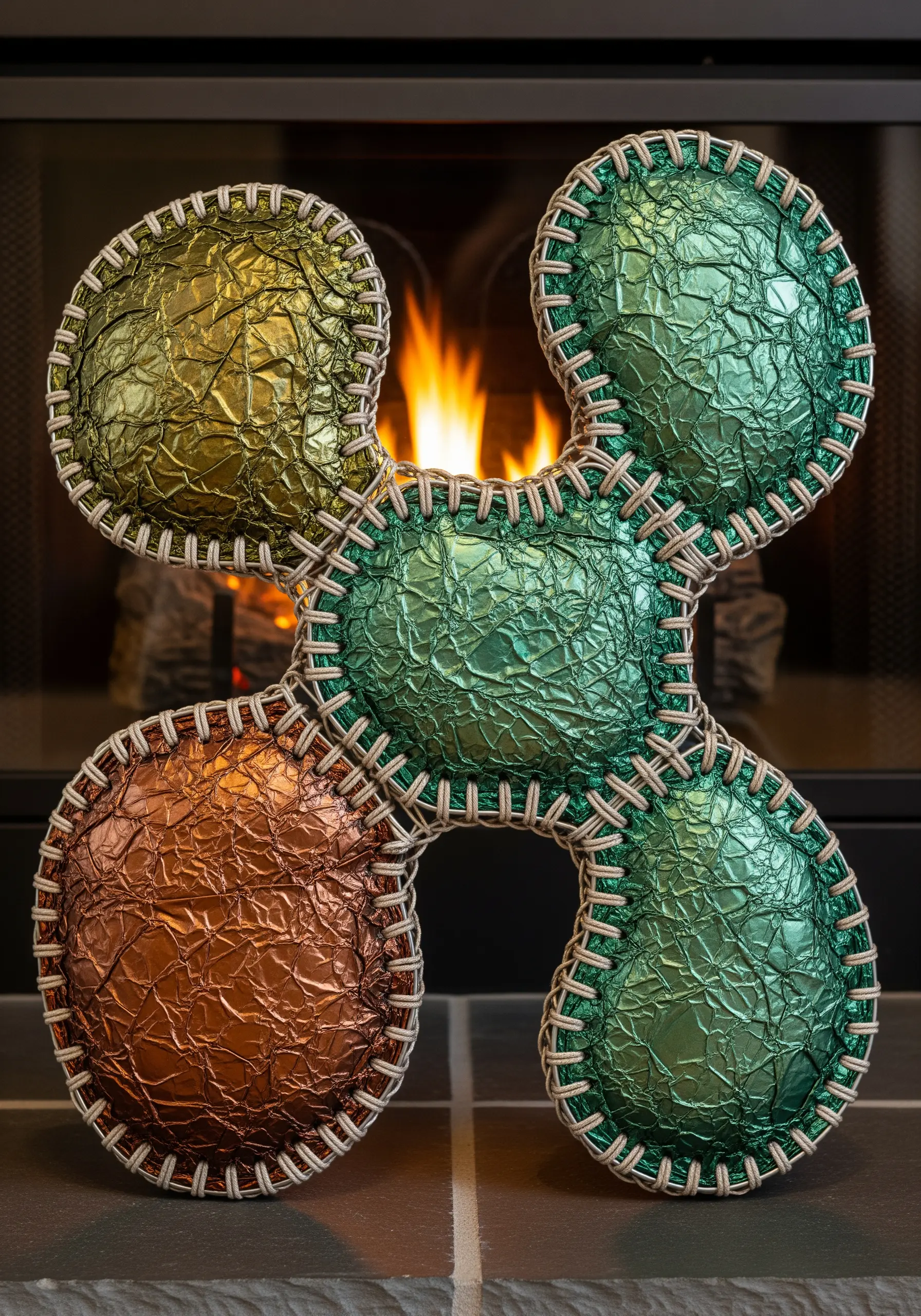 A clover-shaped sculpture covered in metallic foil and edged with thick, white lacing.