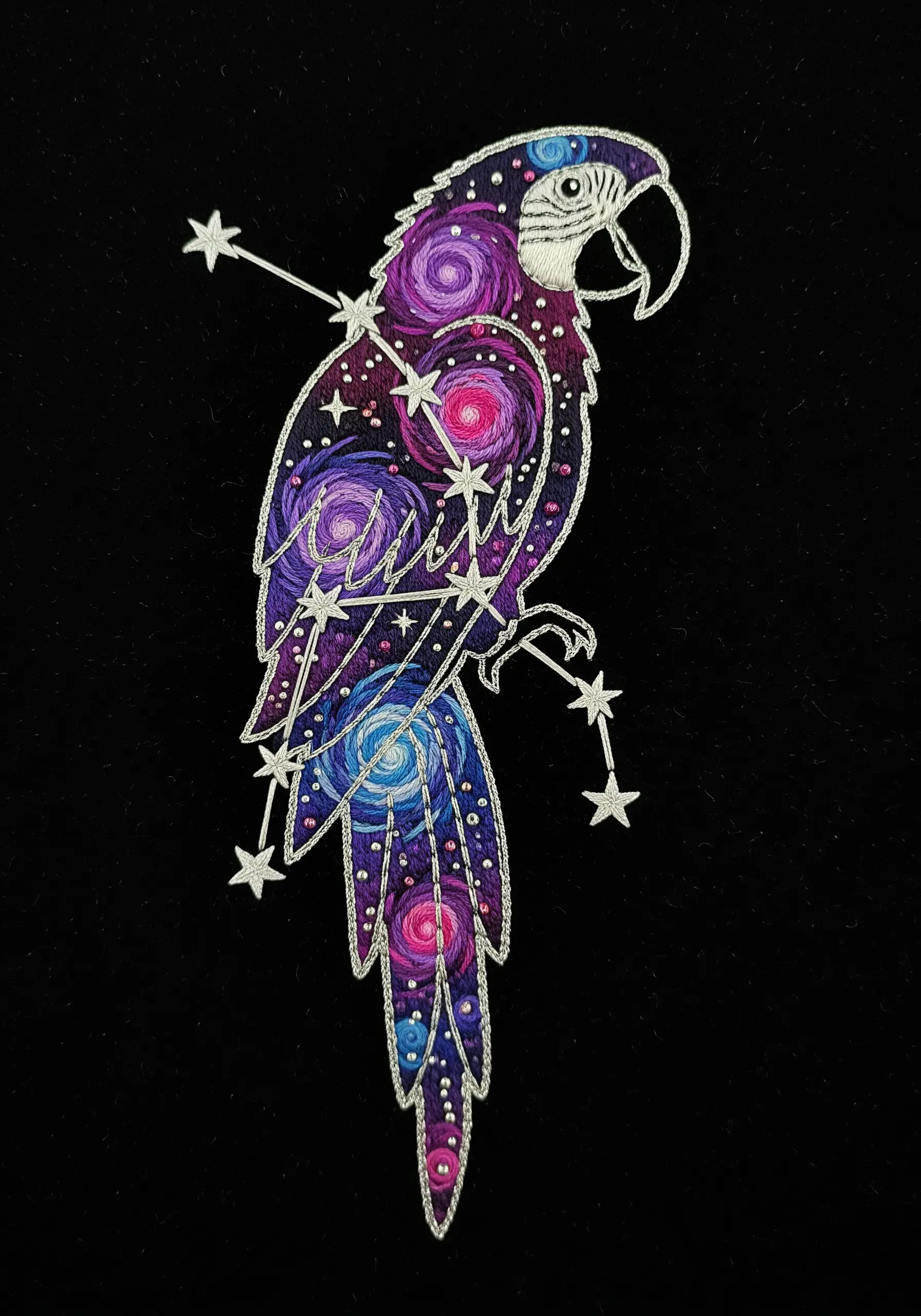 A parrot silhouette filled with embroidered galaxies and outlined in silver thread.