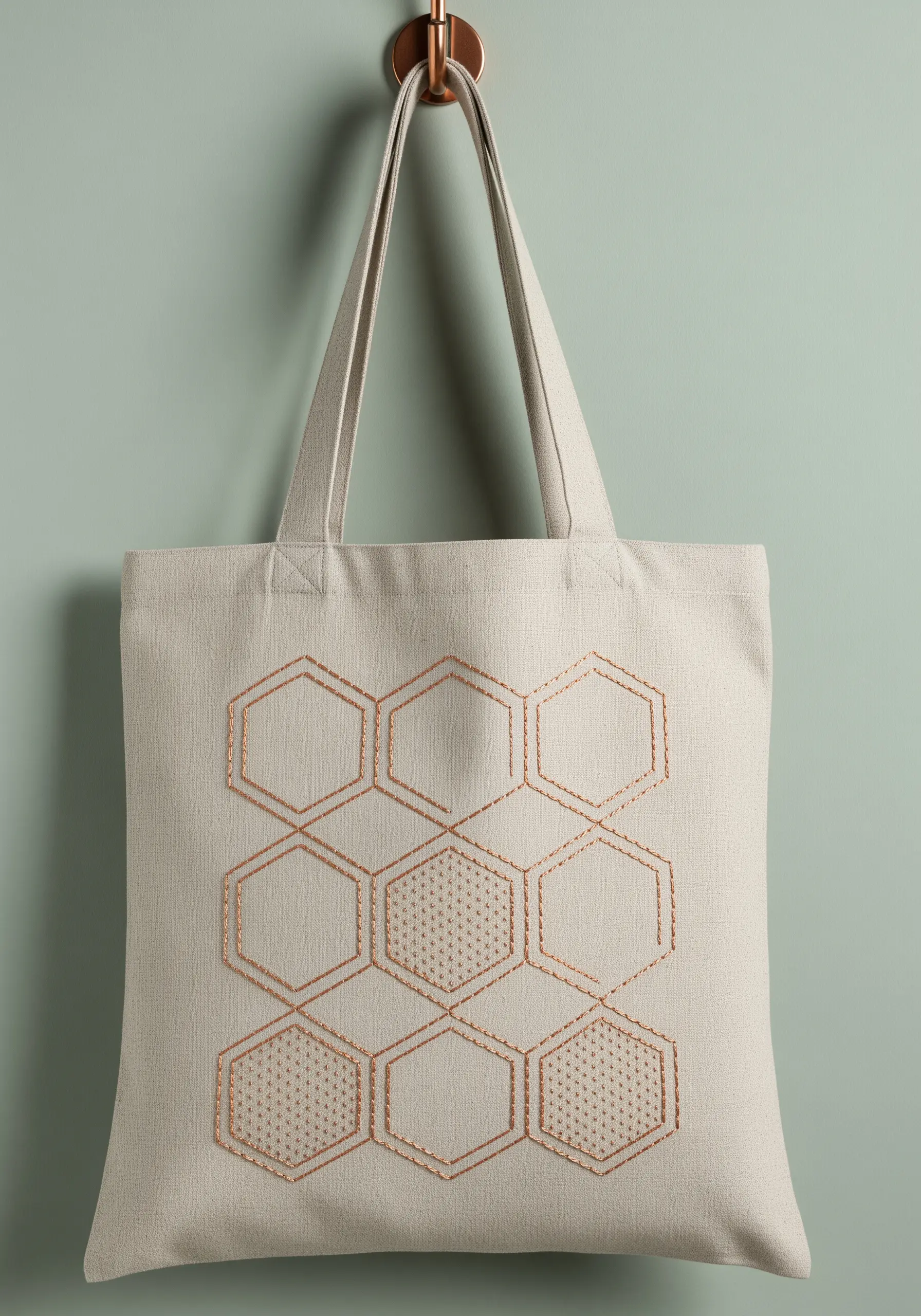 Minimalist honeycomb pattern in copper thread with seed stitch details on a canvas tote.