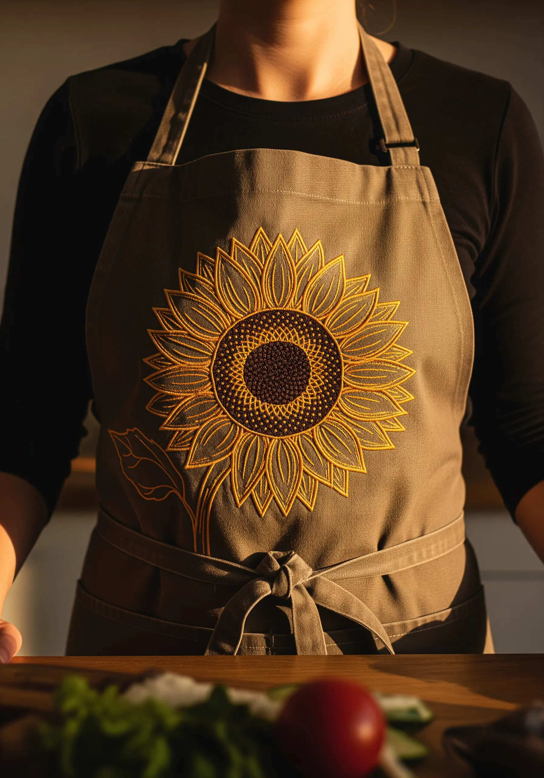 A large sunflower with a yellow outline and a textured brown center embroidered on an apron.