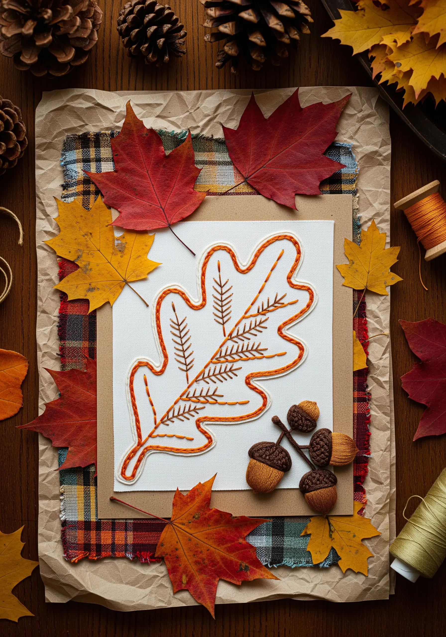 An embroidered oak leaf outline on paper, surrounded by real autumn leaves and felted acorns.