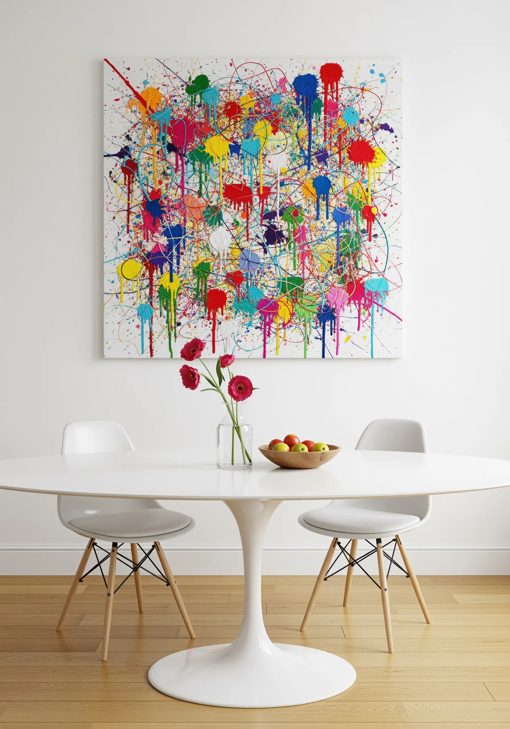 A large, abstract embroidered artwork with colorful paint drips and splatters.