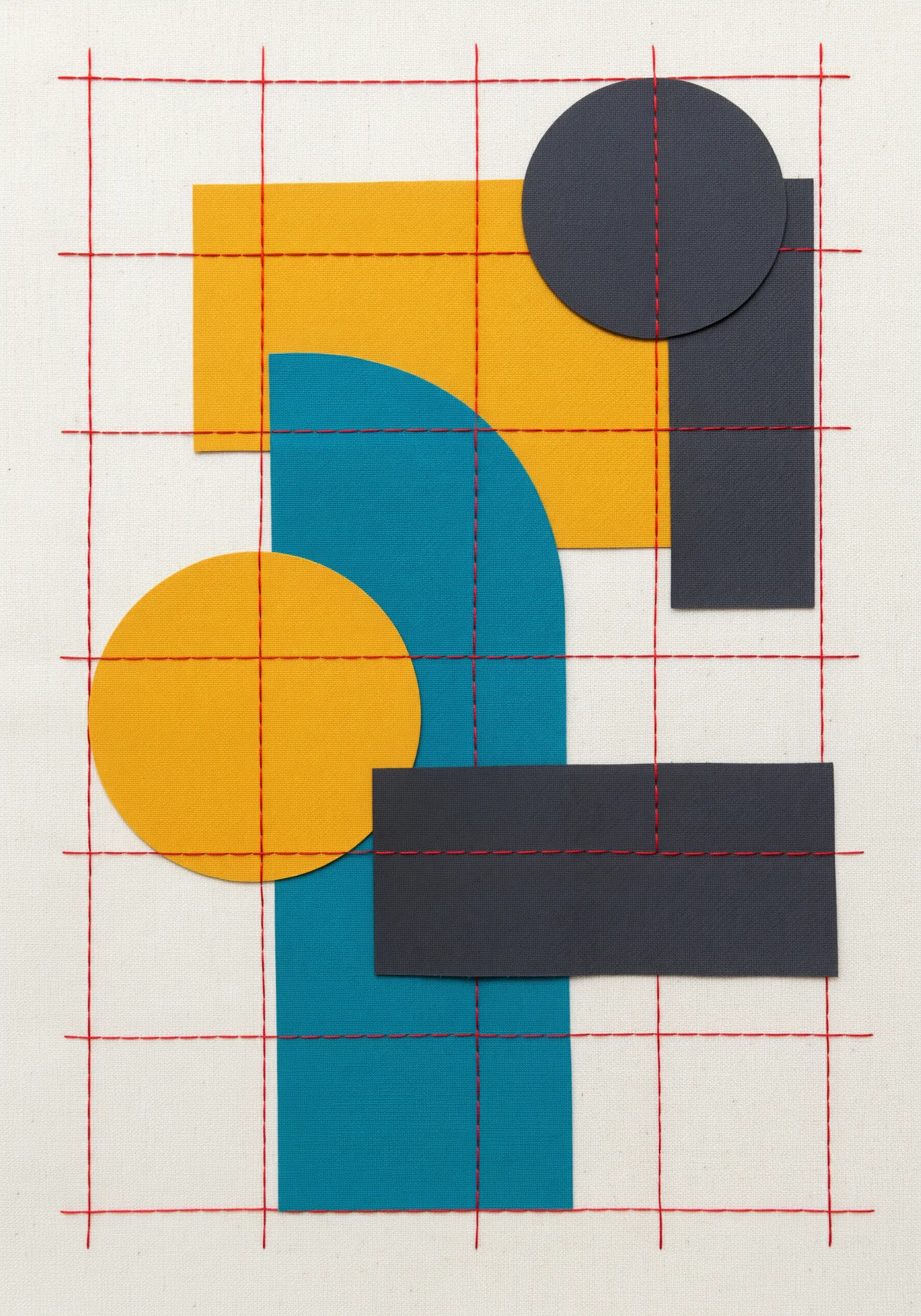 Geometric paper shapes in yellow, blue, and black stitched onto fabric with a red thread grid.