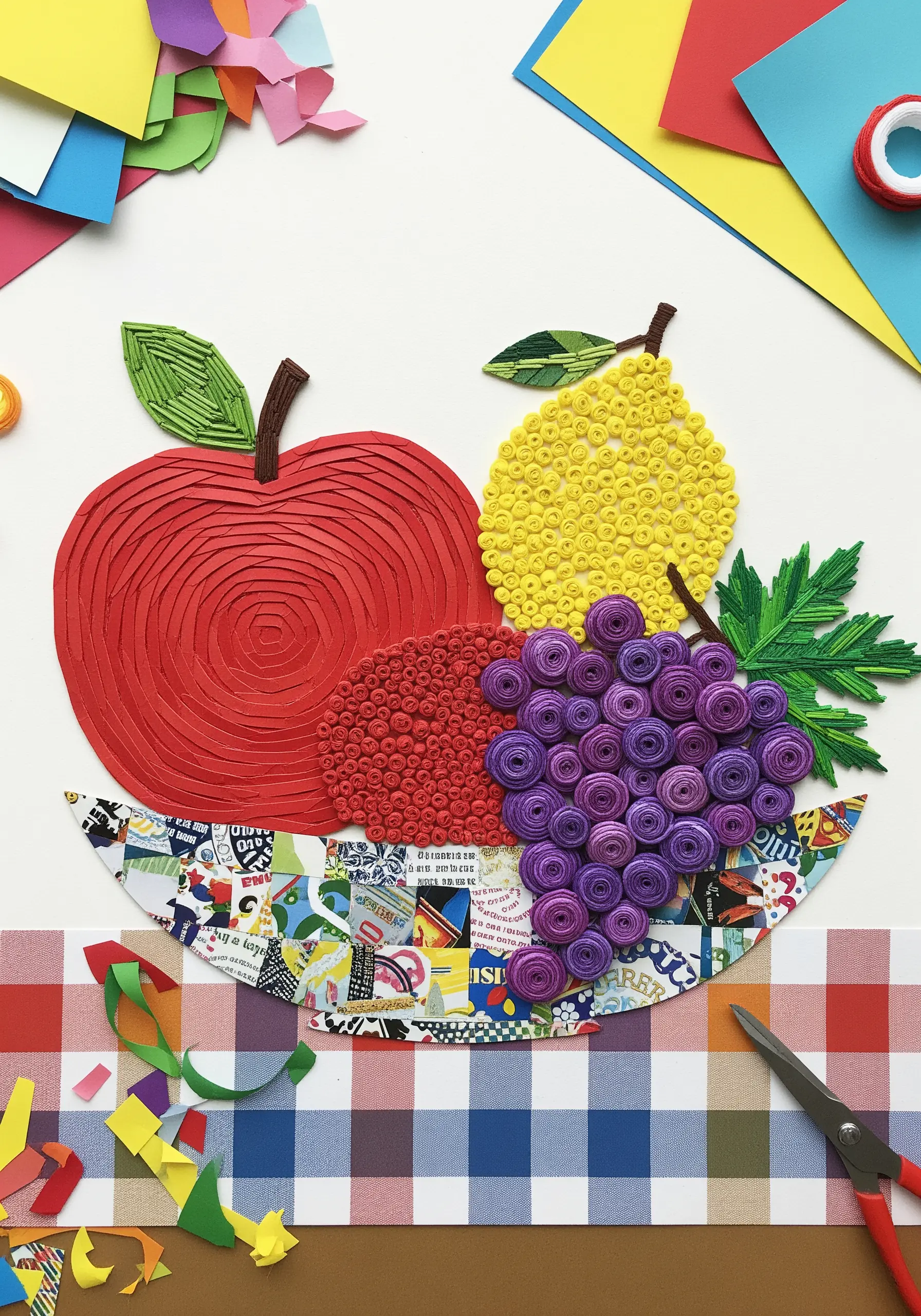 A collage of a fruit bowl where fruit is textured with paper quilling and the bowl is patterned paper.