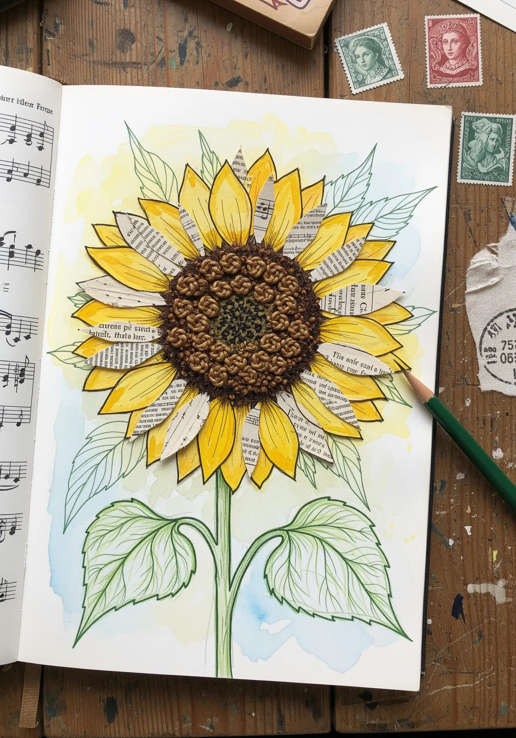 A sunflower collage with paper petals and a dense center of brown French knots.