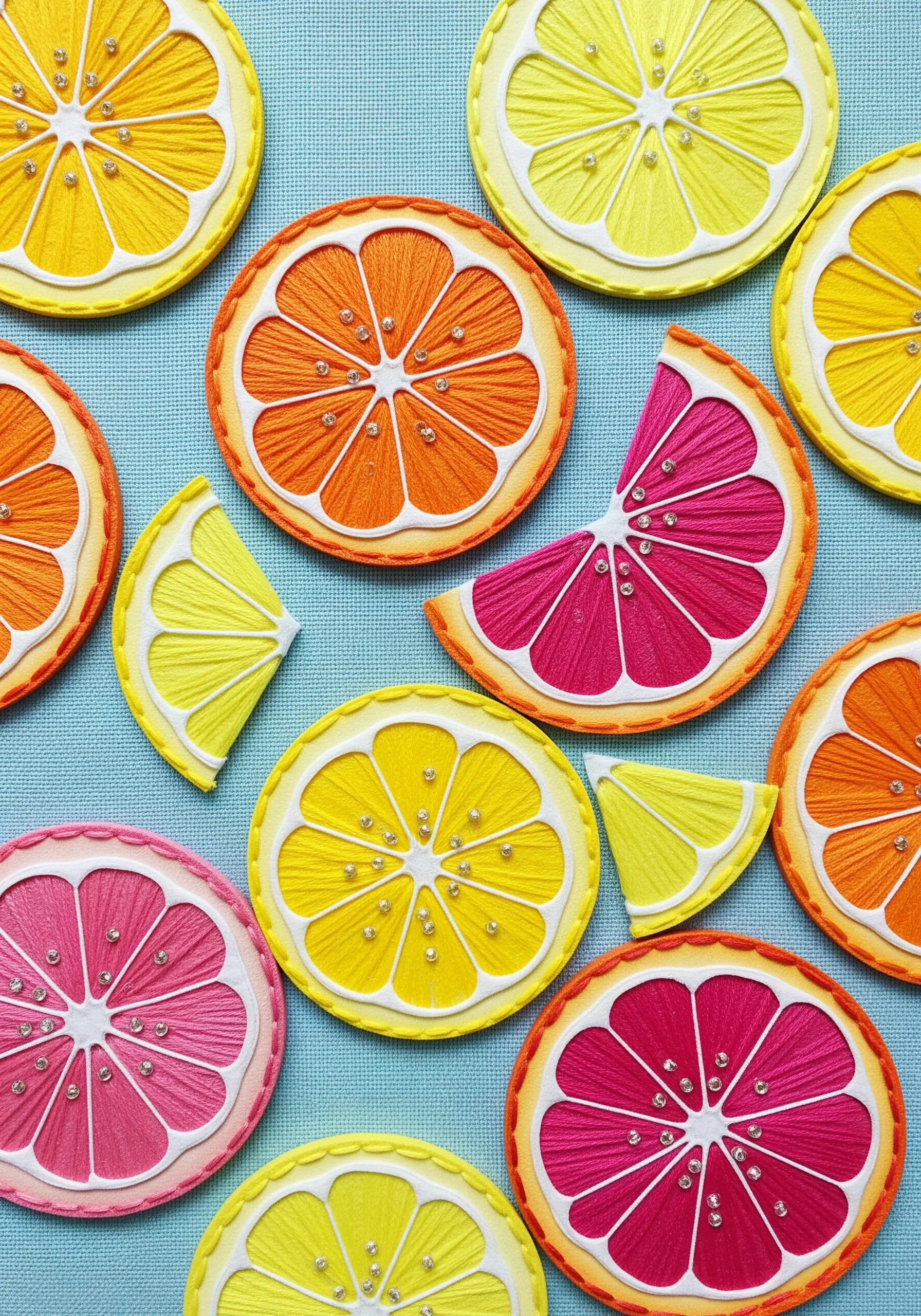 Colorful citrus slices made from paper outlines filled with vibrant satin stitch and tiny beads.