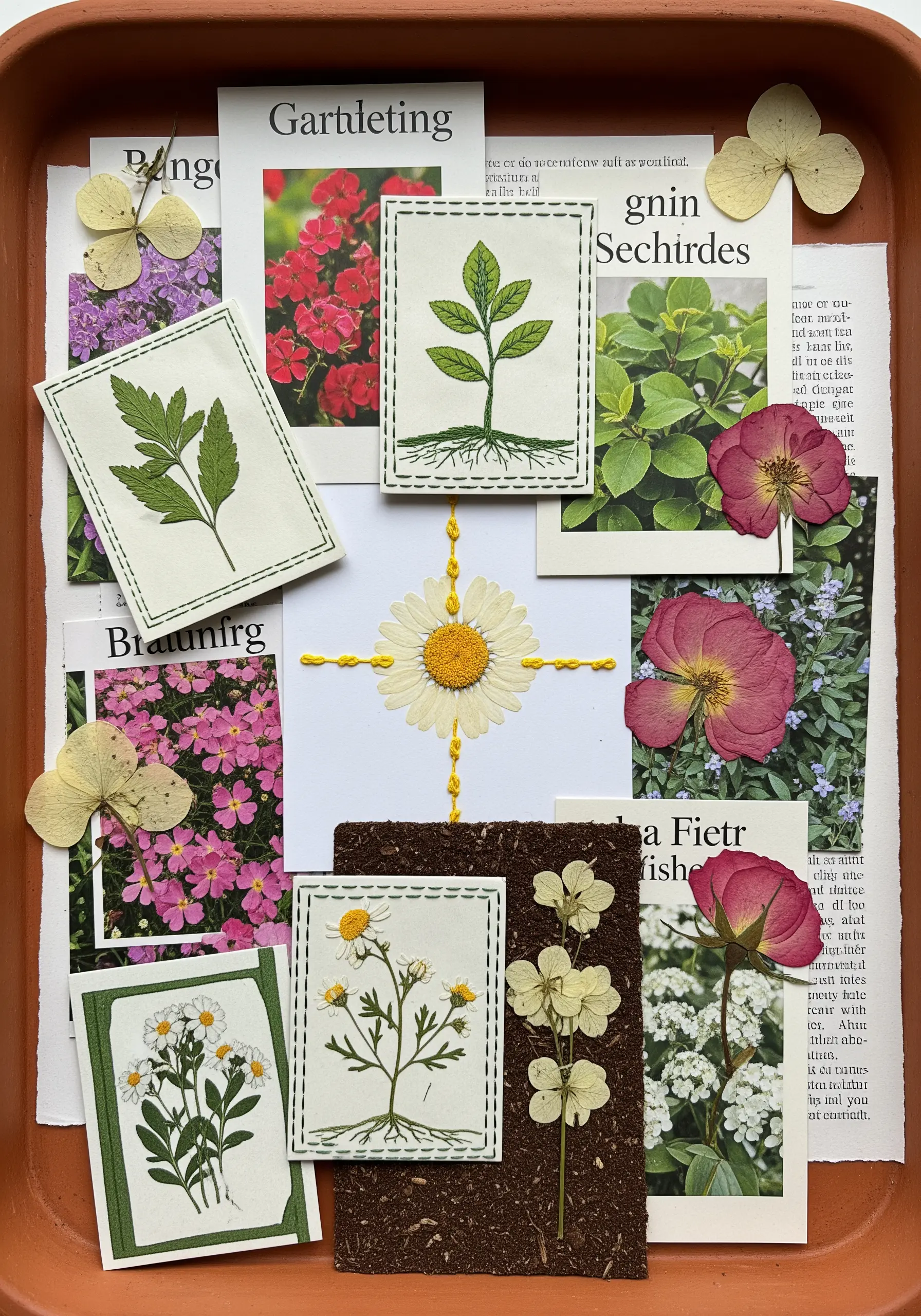 A collage of botanical photos, pressed flowers, and small embroidered plant studies on canvas patches.