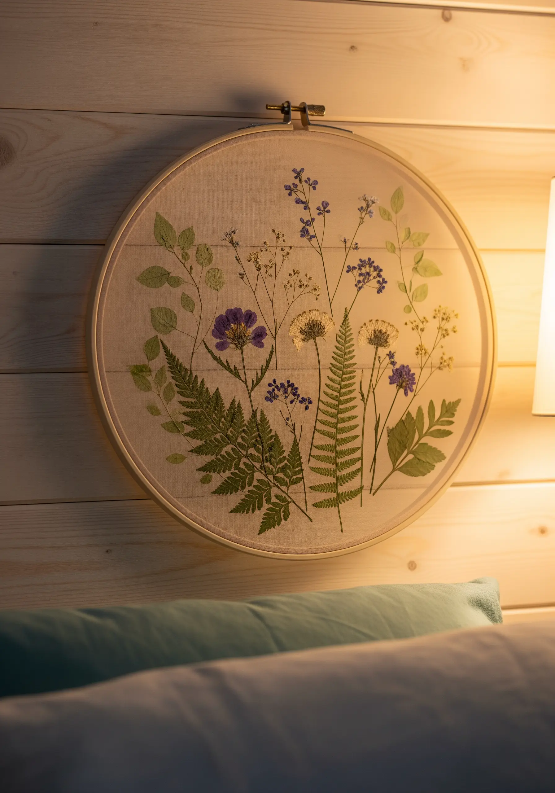 Mixed media embroidery combining real pressed flowers and stitched leaves.