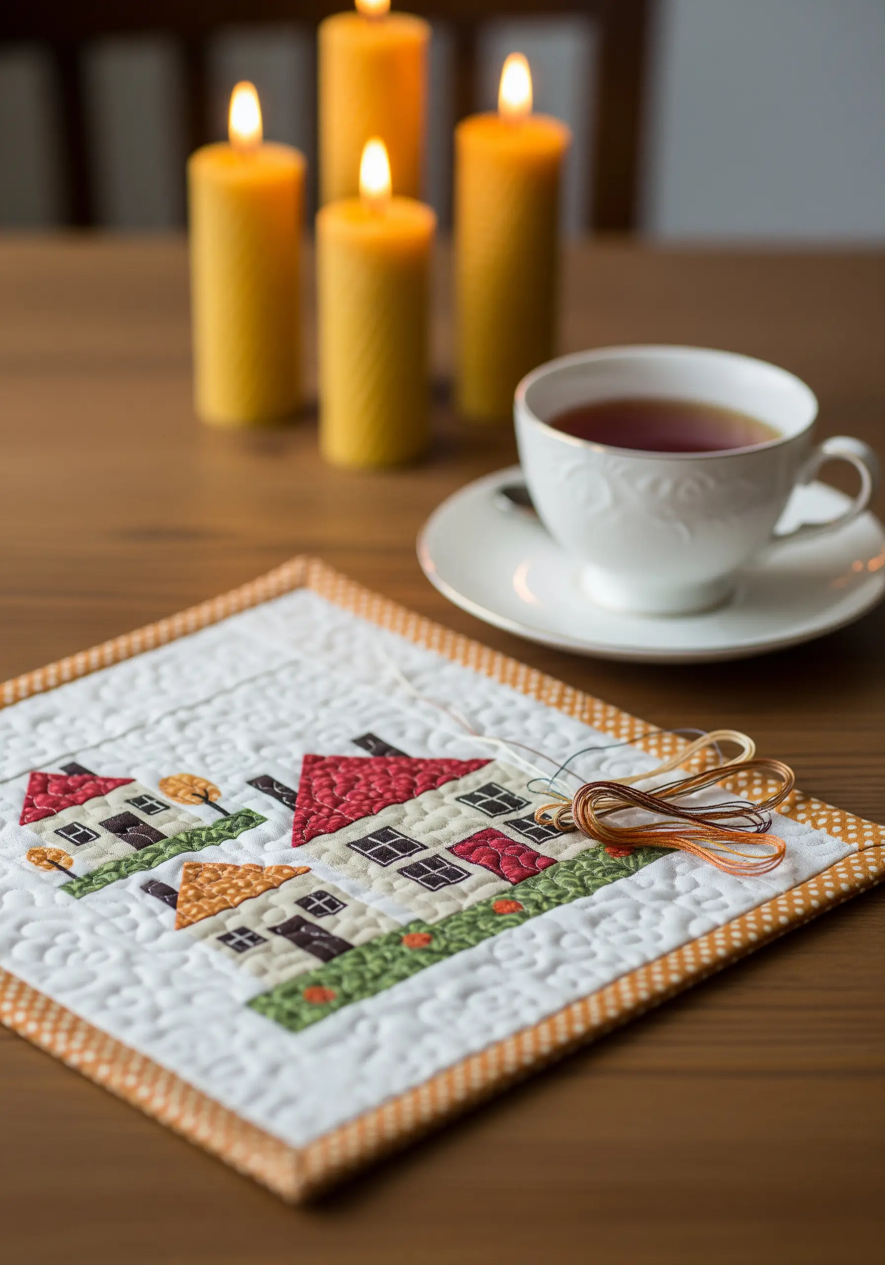 A quilted and appliquéd coaster depicting small houses on a white background.