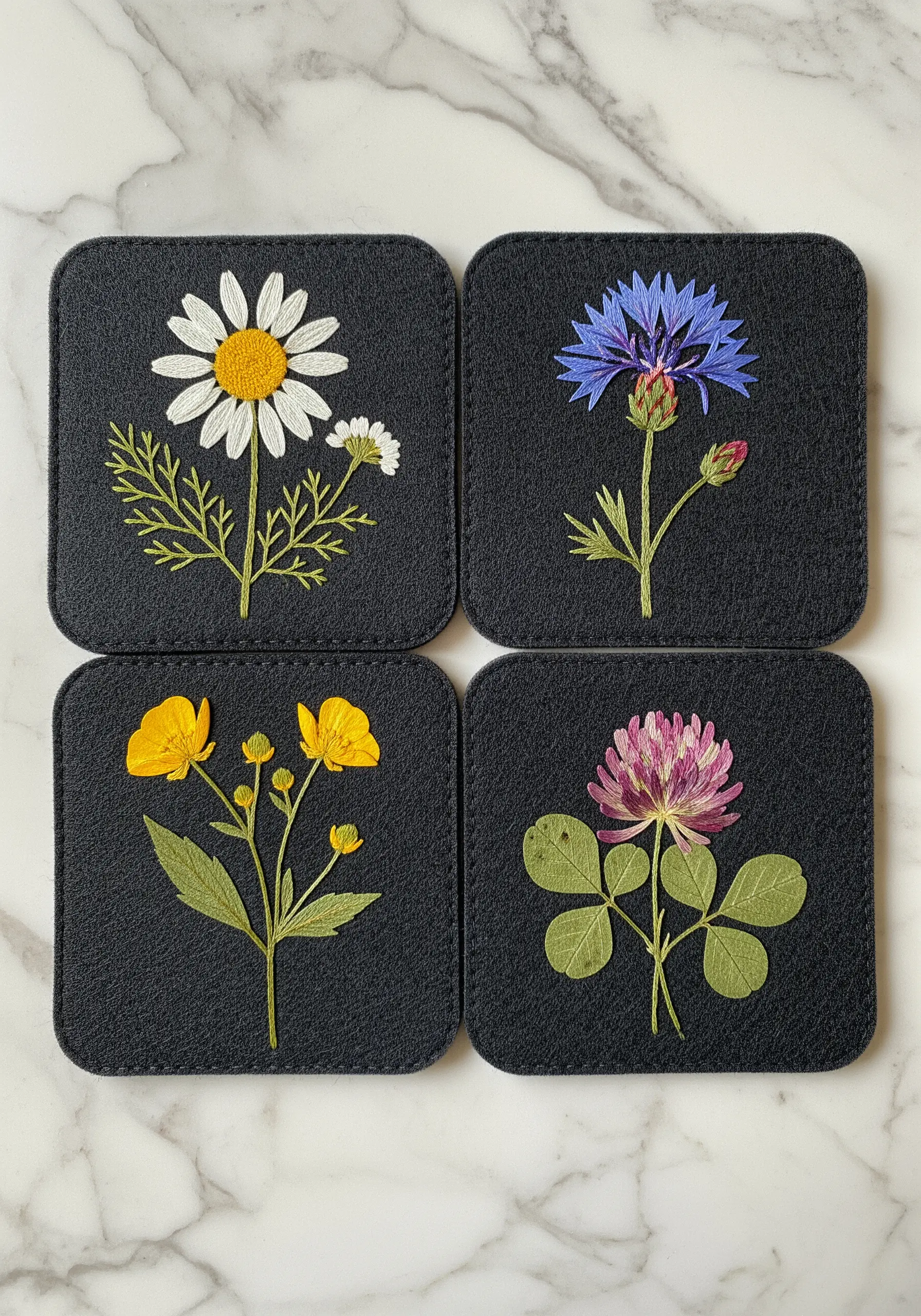 Four coasters, two with embroidered flowers and two with real pressed flowers and stitched stems.