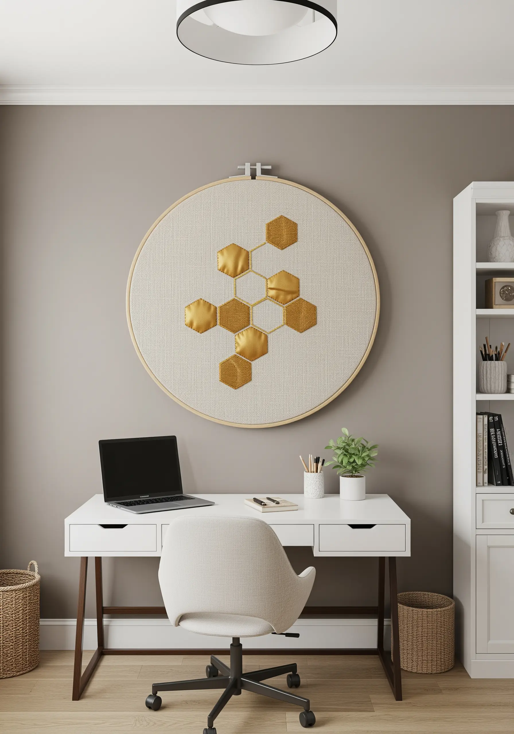 Large embroidery hoop with a honeycomb pattern; some hexagons are filled with gold satin stitch.