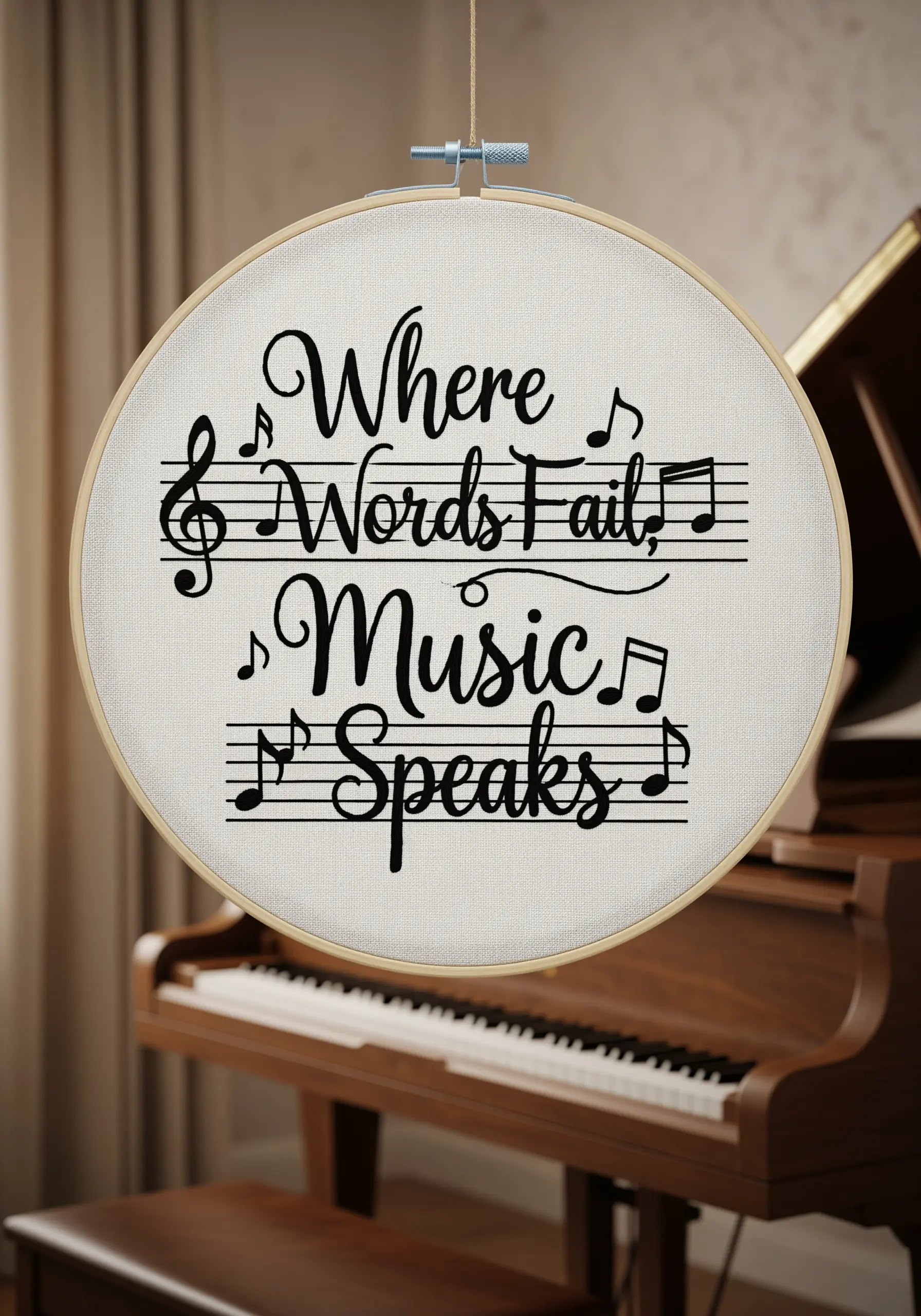 An embroidered quote about music, with the words integrated into musical staffs and notes.