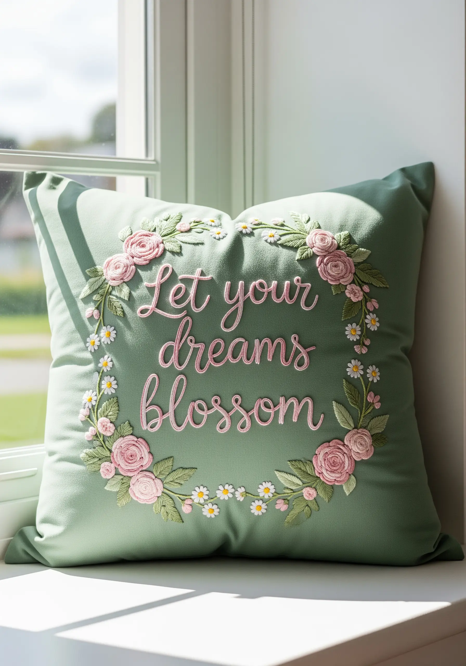 Pink script lettering surrounded by a wreath of woven wheel roses on a sage green pillow.