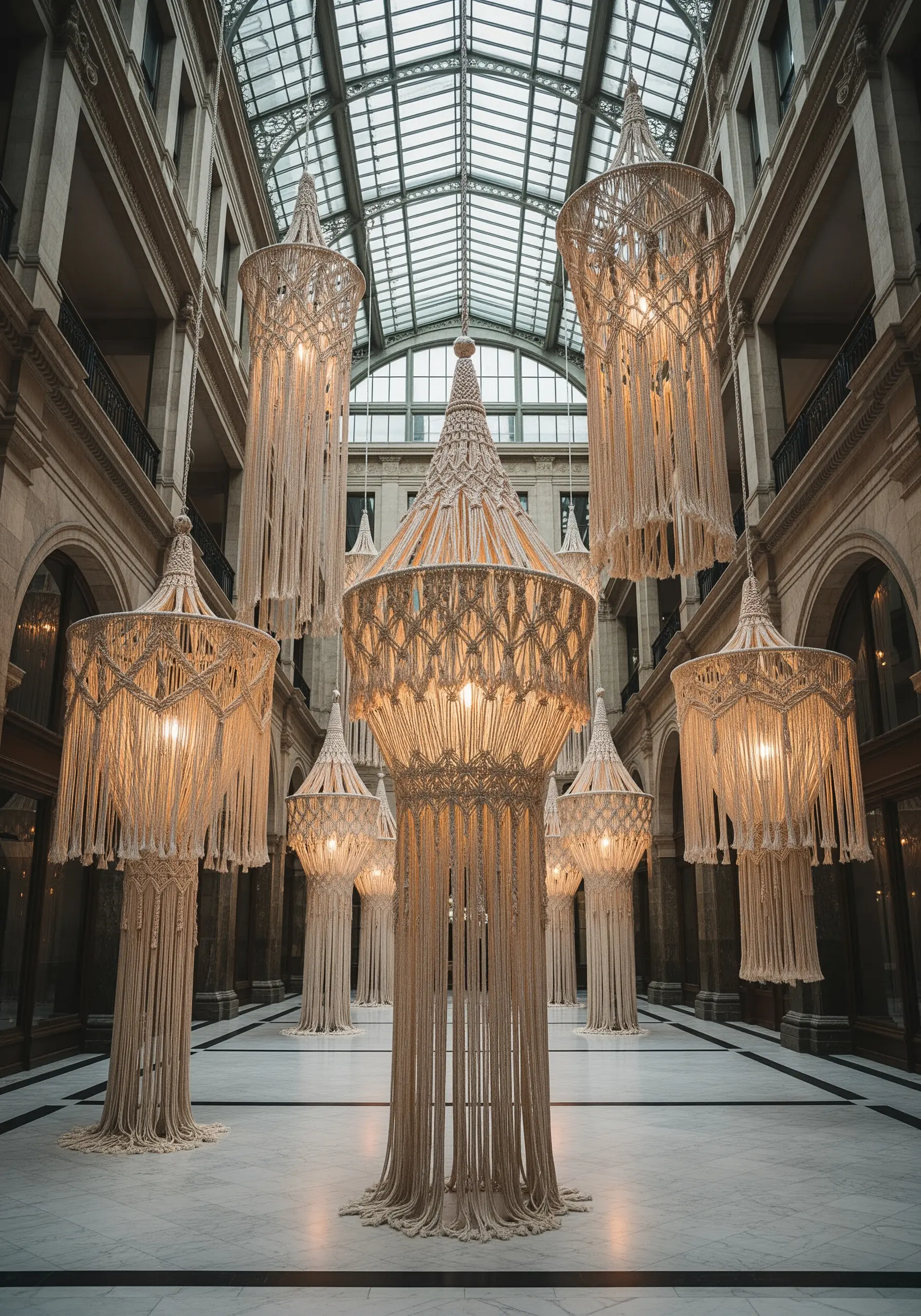 A cluster of French knots and small tassels made with cotton and metallic thread.