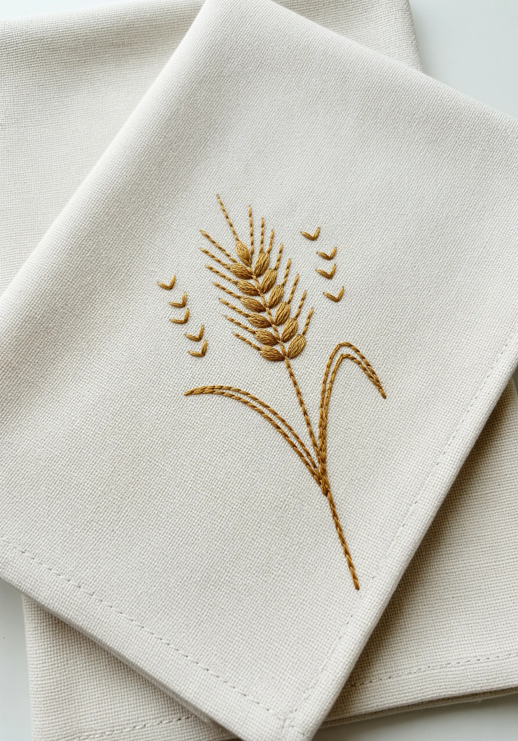 A golden wheat stalk embroidered on a folded linen napkin.