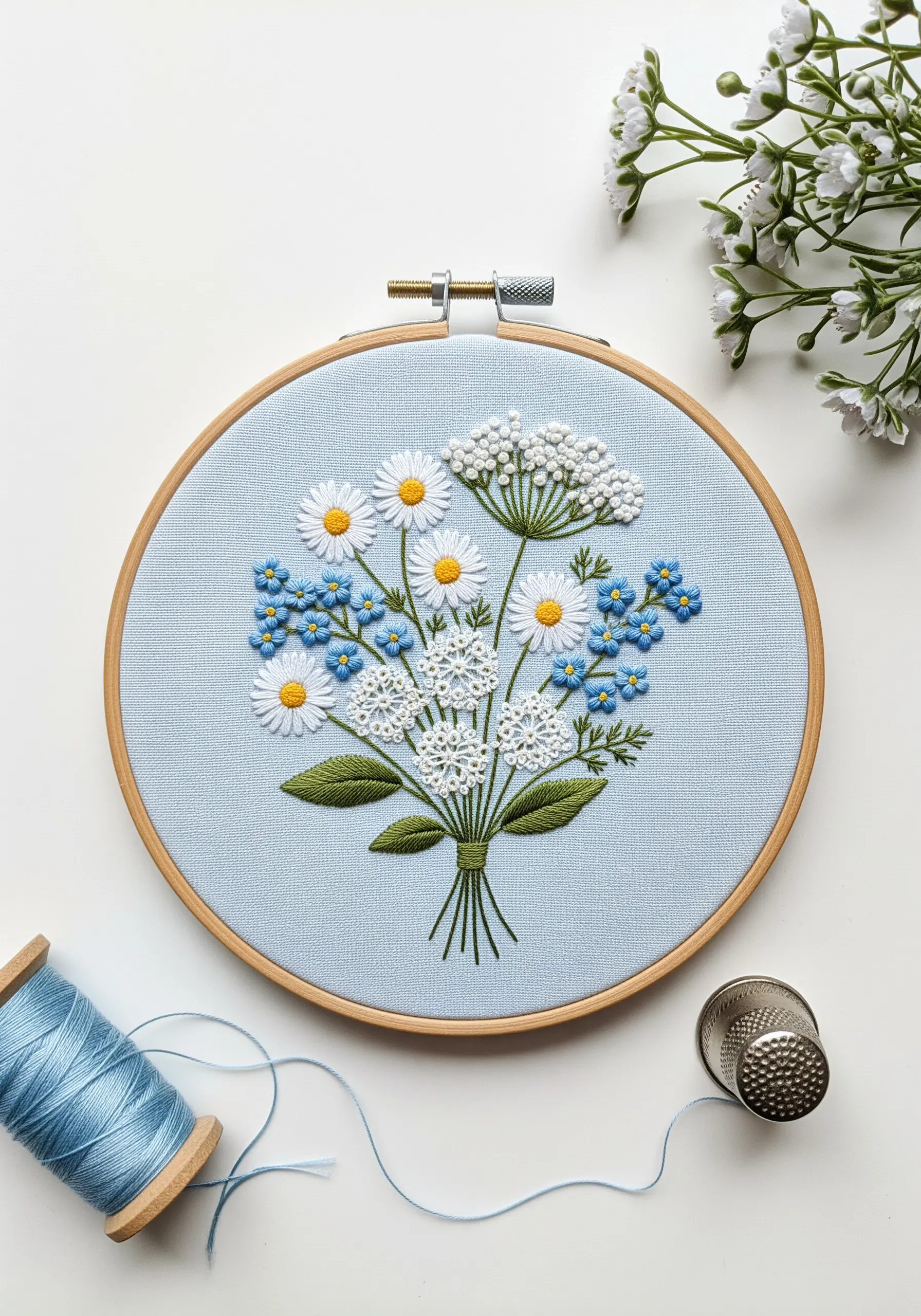 An embroidered bouquet of daisies, forget-me-nots, and Queen Anne's lace on blue fabric.