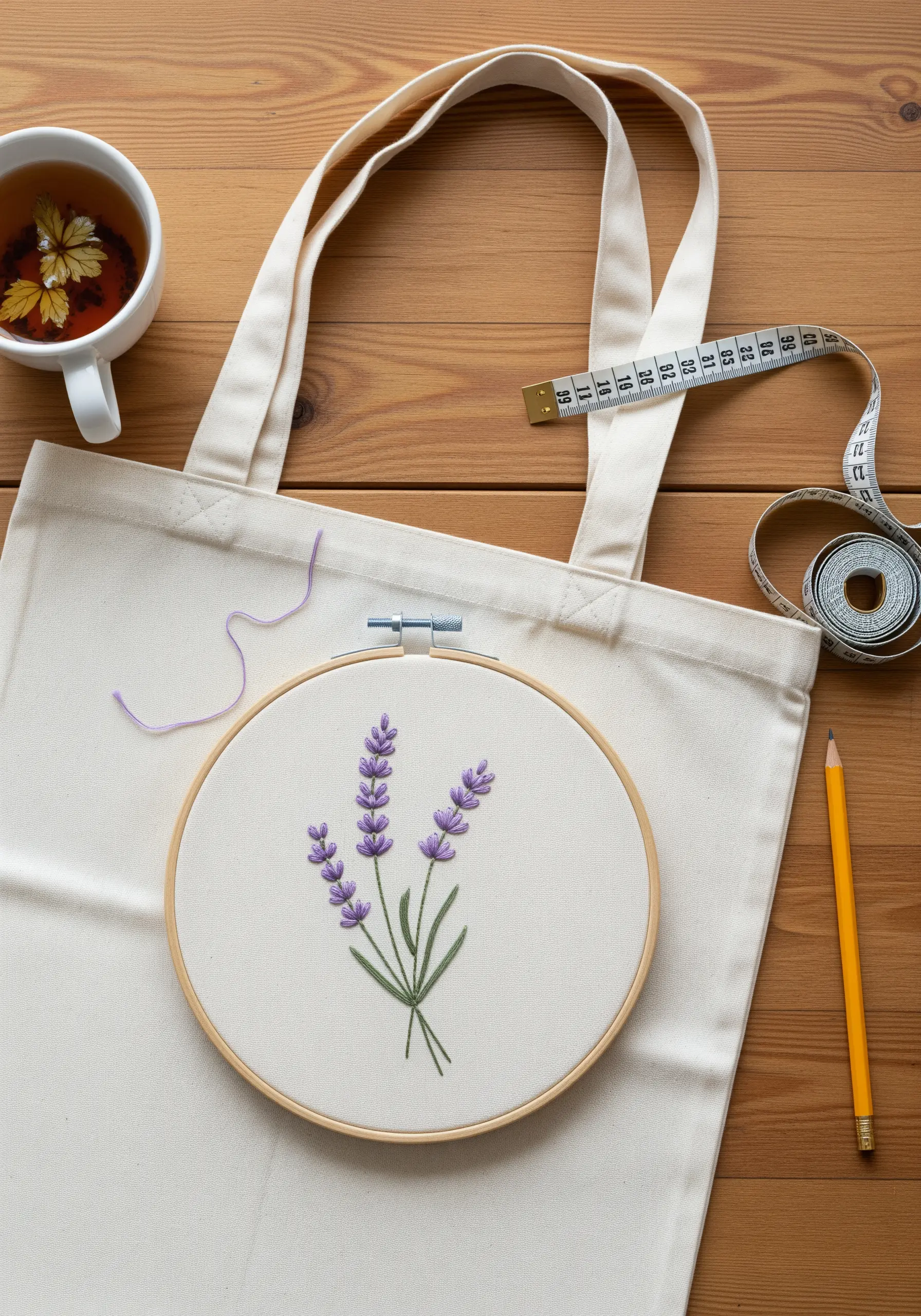 Delicate lavender sprigs embroidered onto a canvas tote bag, still in the hoop.