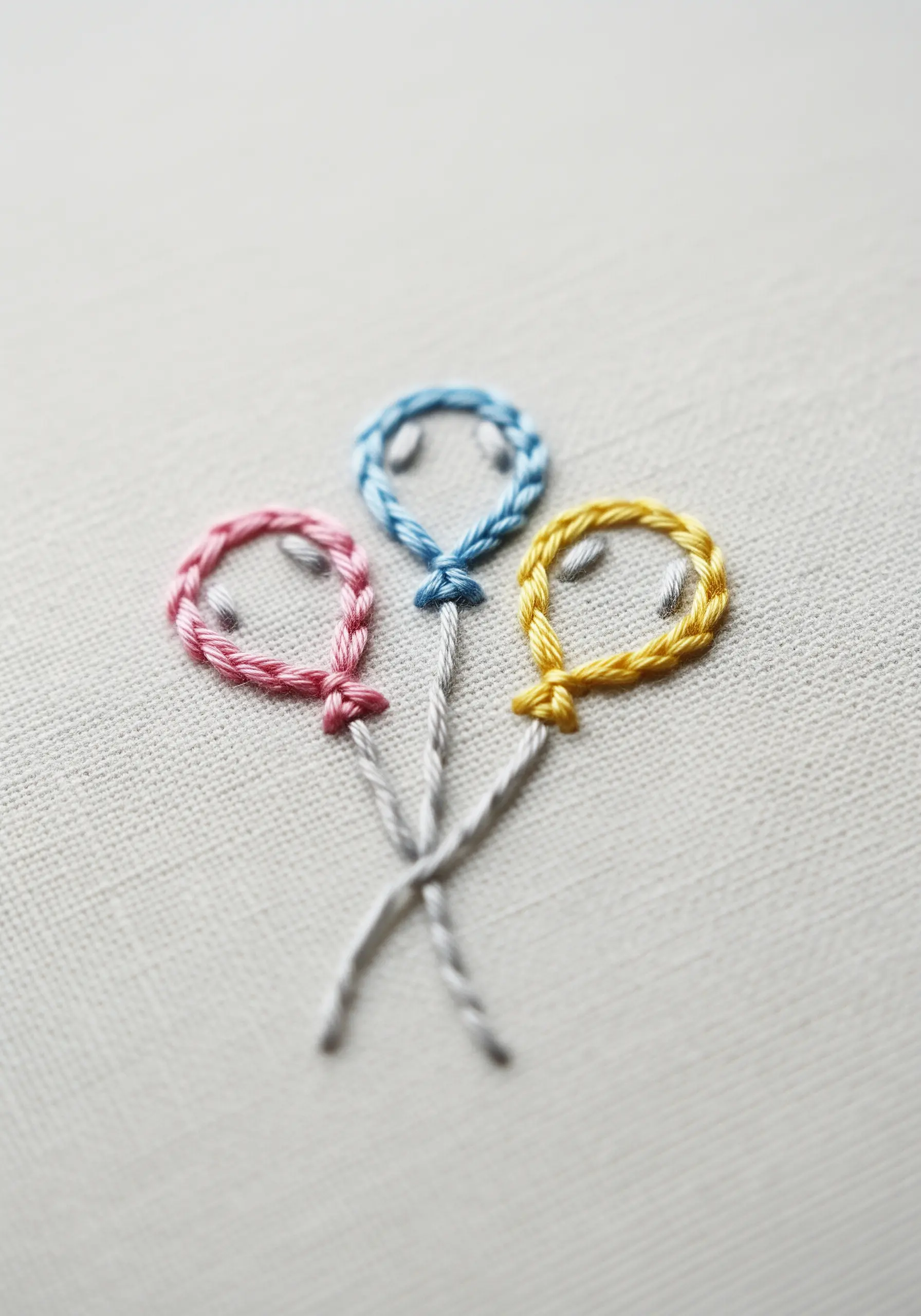 Three small embroidered balloons in pink, blue, and yellow with chain stitch outlines.