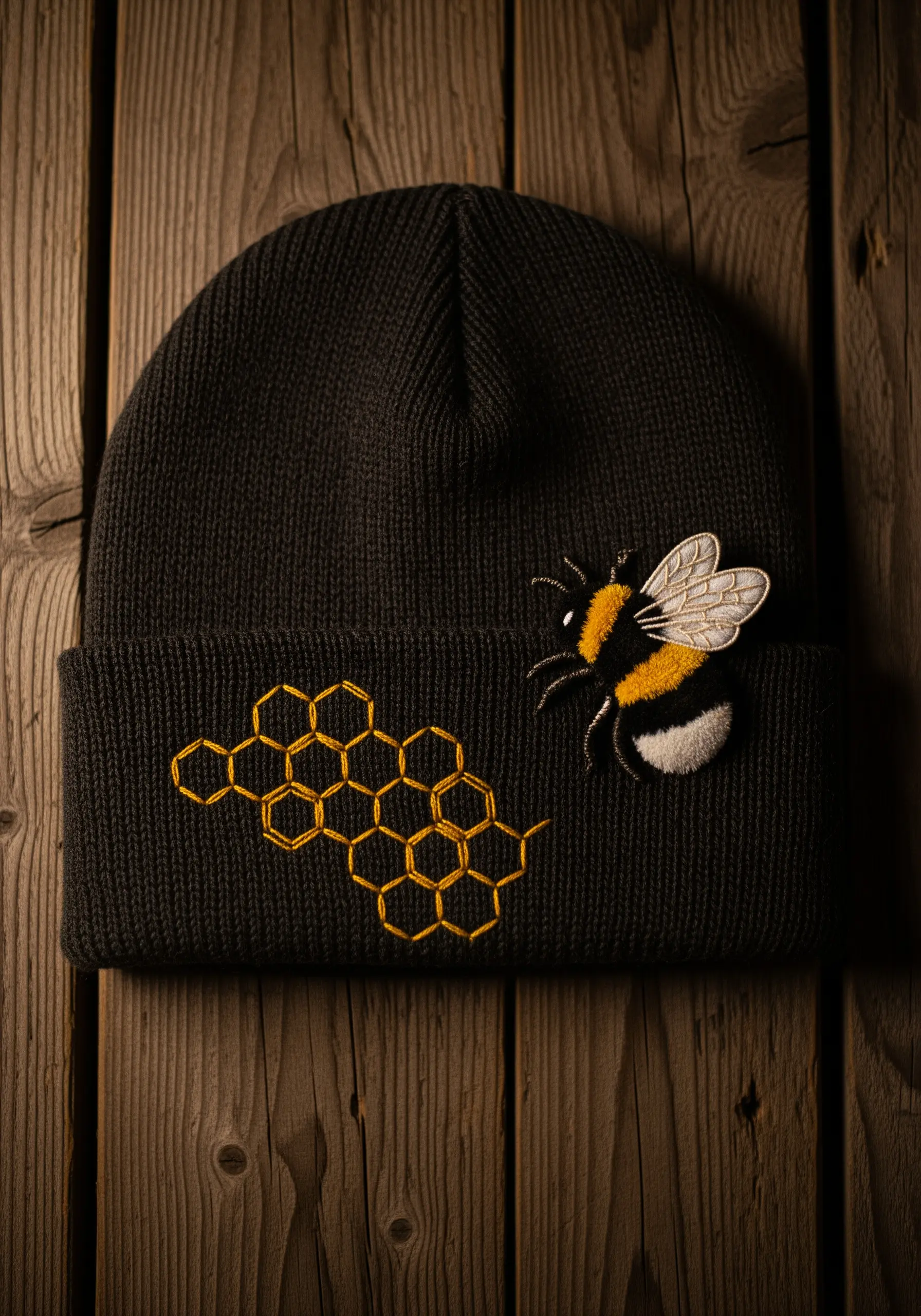 A dimensional bee and a flat honeycomb pattern embroidered on a black knit beanie.