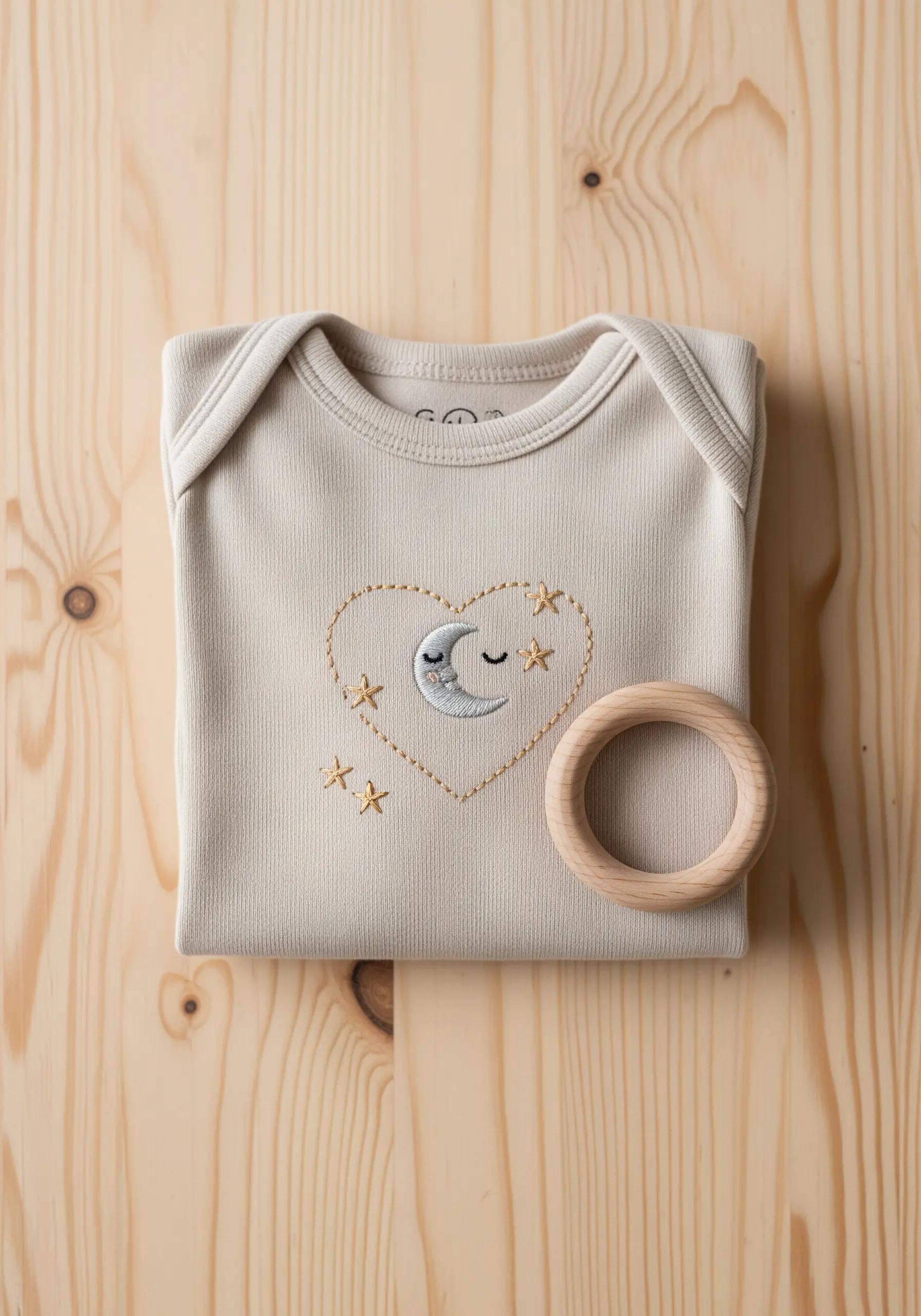 Embroidered heart with a satin-stitched moon and star details on a baby bodysuit.