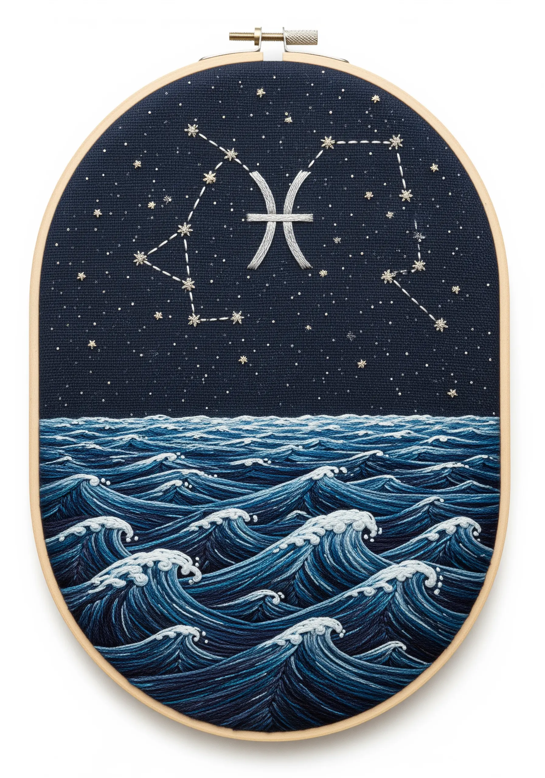 Embroidery of the Pisces constellation above a sea of thread-painted waves on navy fabric.