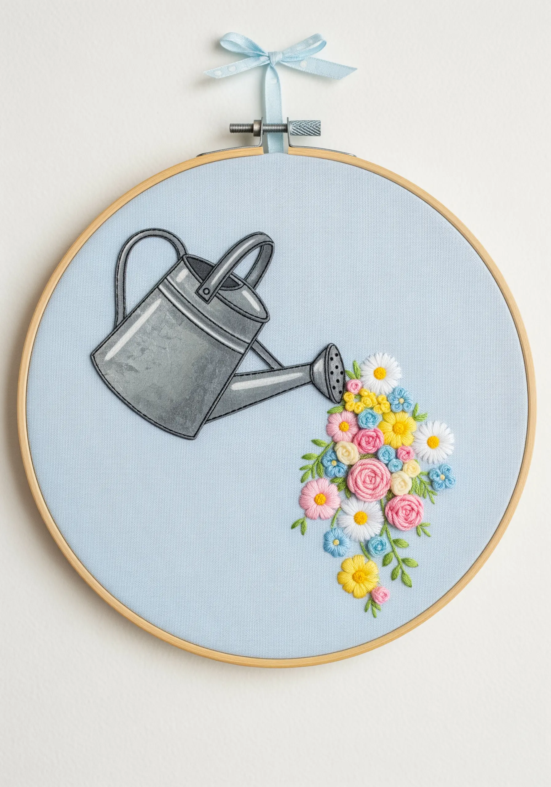 An embroidered watering can pouring a cascade of colorful, three-dimensional flowers.