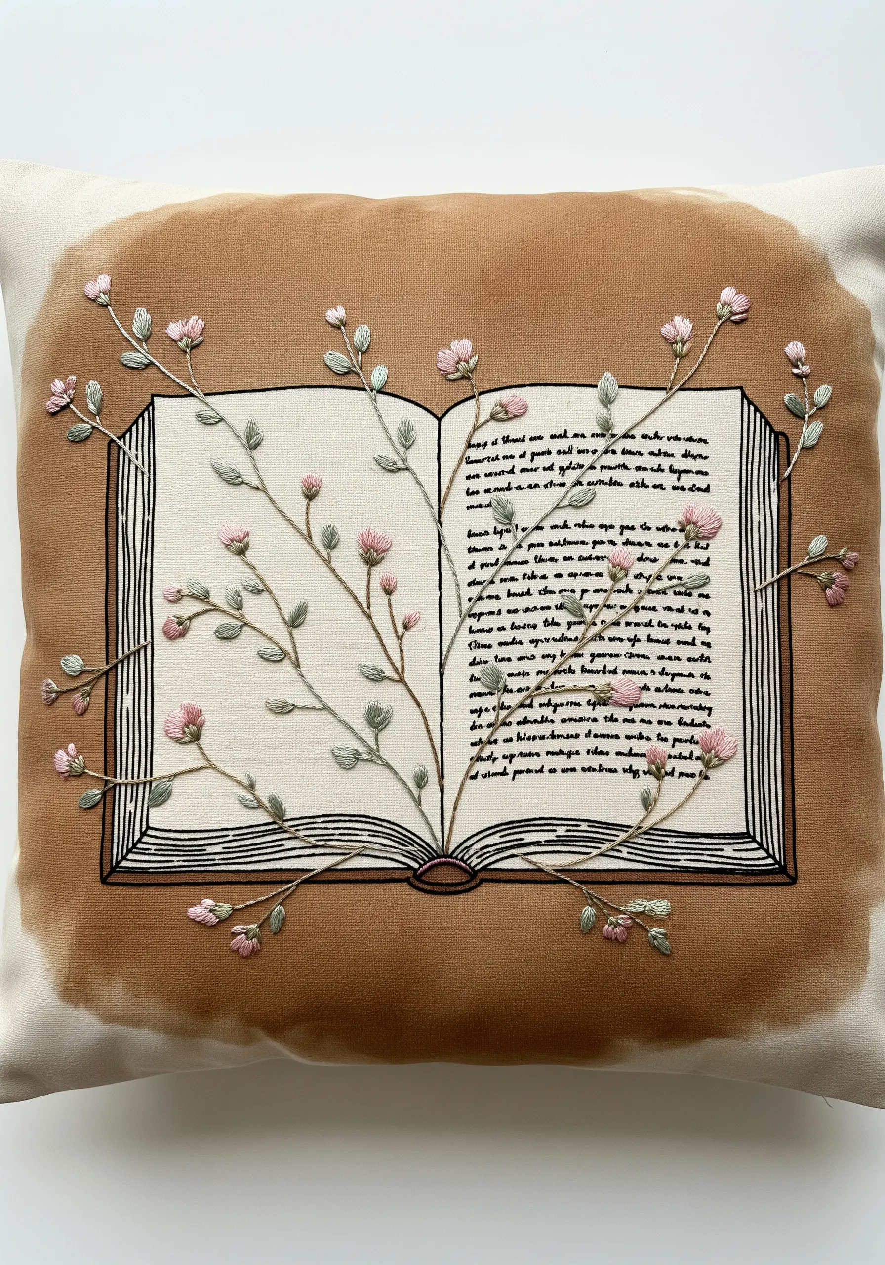 An embroidered open book with delicate pink flowers growing from its pages.
