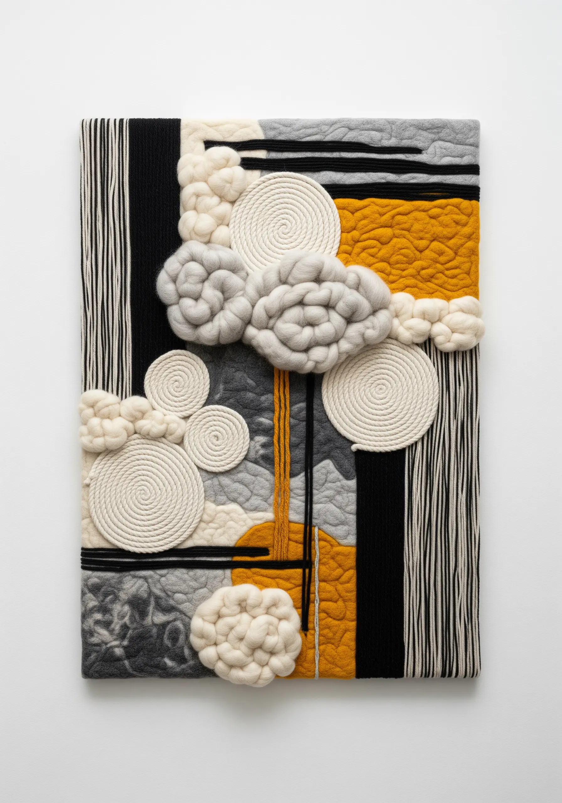 An abstract fiber art piece with woven, coiled, and felted sections in gray, white, and yellow.