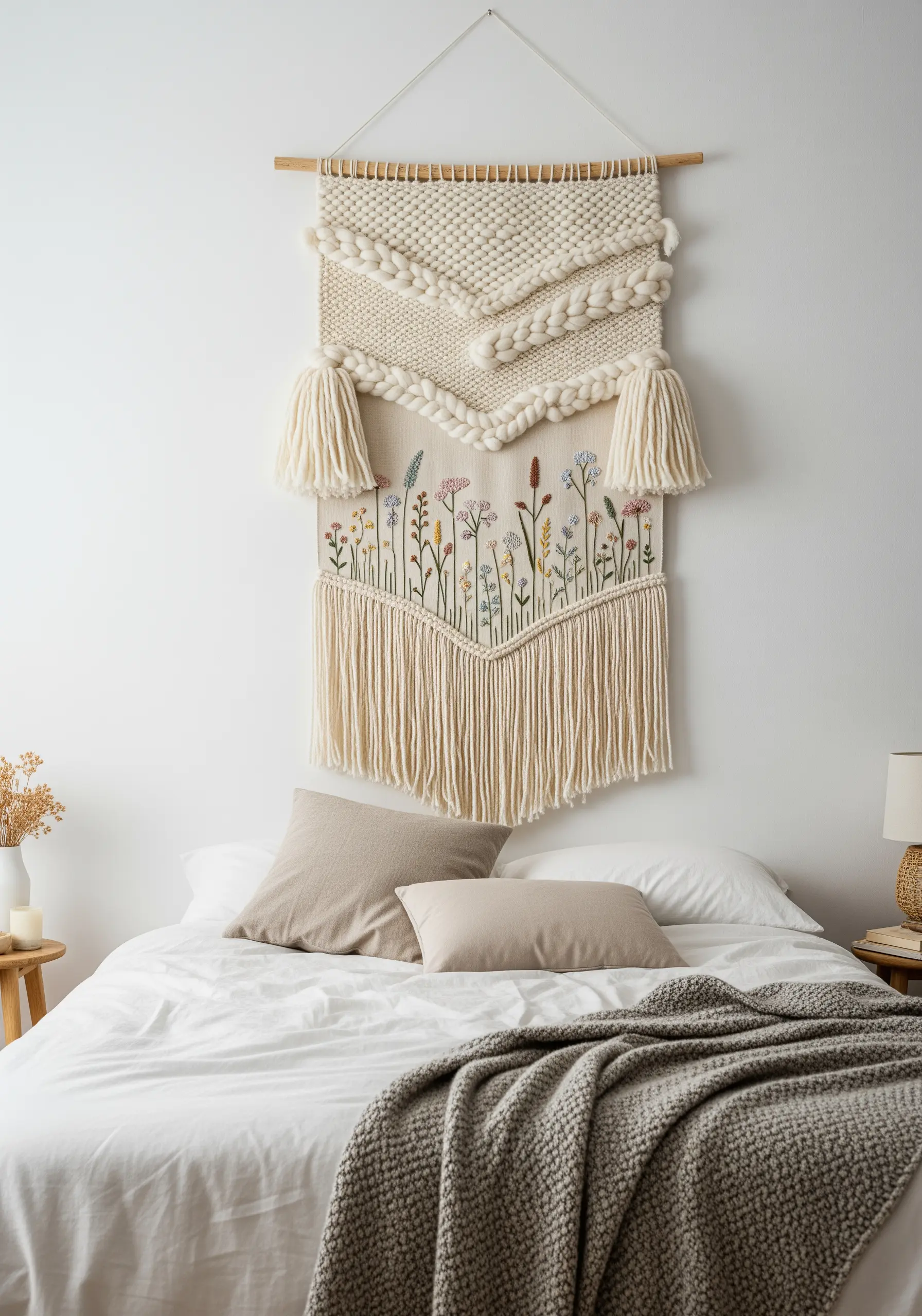 A mixed-media wall hanging combining chunky white weaving with delicate wildflower embroidery.